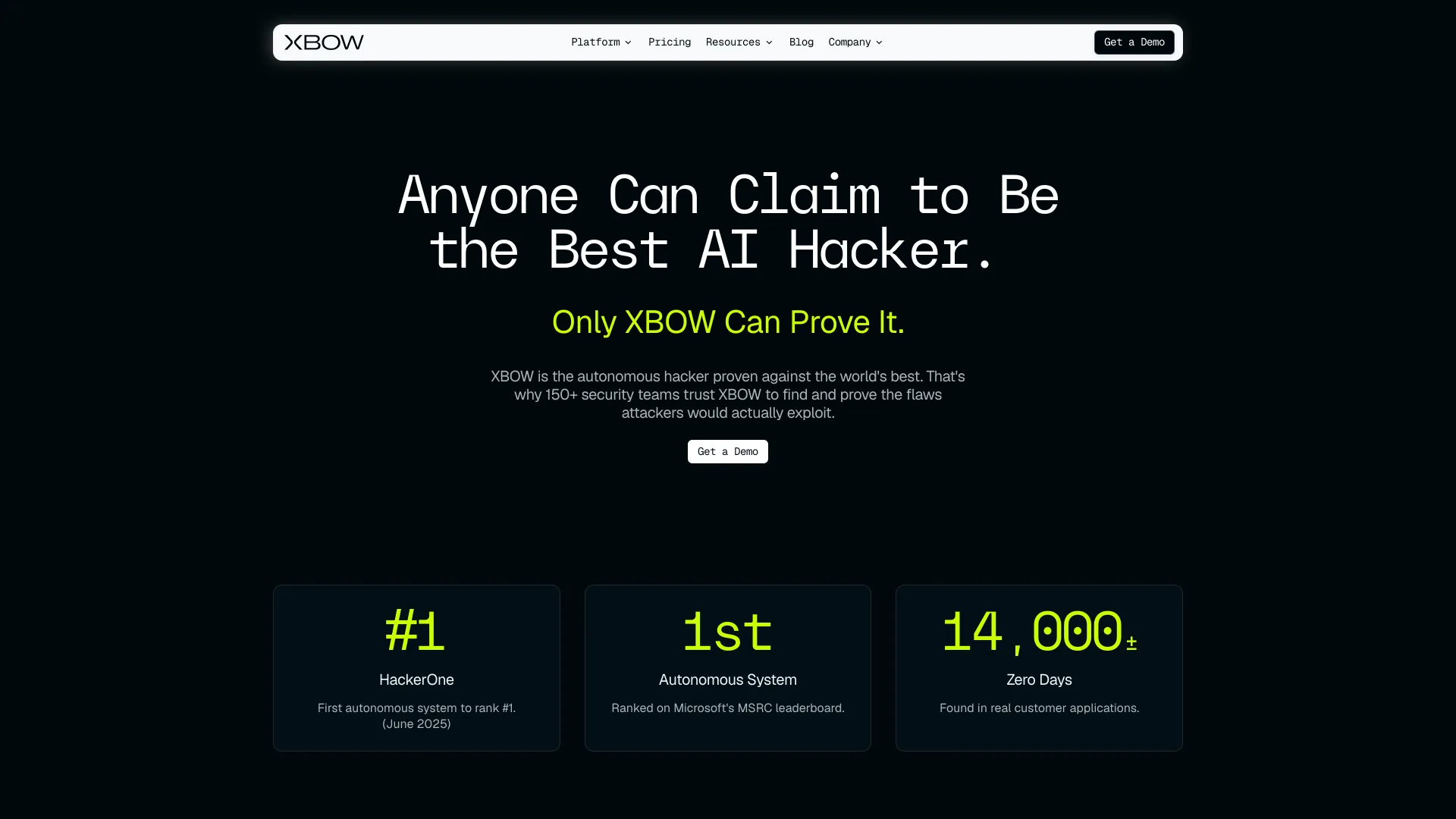 The XBOW homepage, "Anyone Can Claim to Be the Best AI Hacker.", above stat cards for HackerOne #1 and 14,000+ zero days.