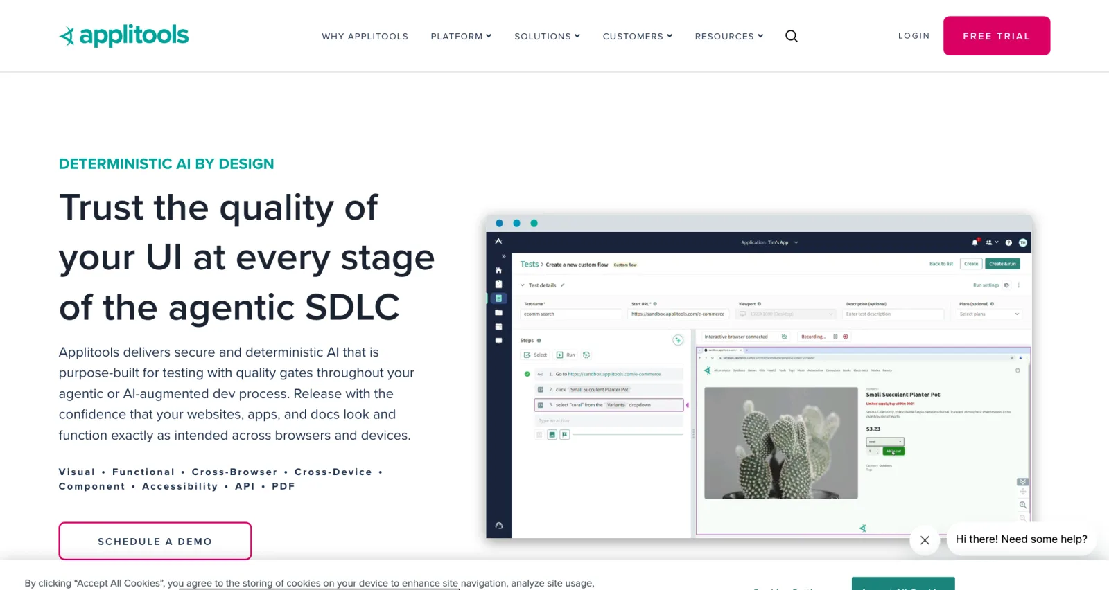 Applitools homepage headline "Trust the quality of your UI at every stage of the agentic SDLC" showing a visual test editor with product screenshots