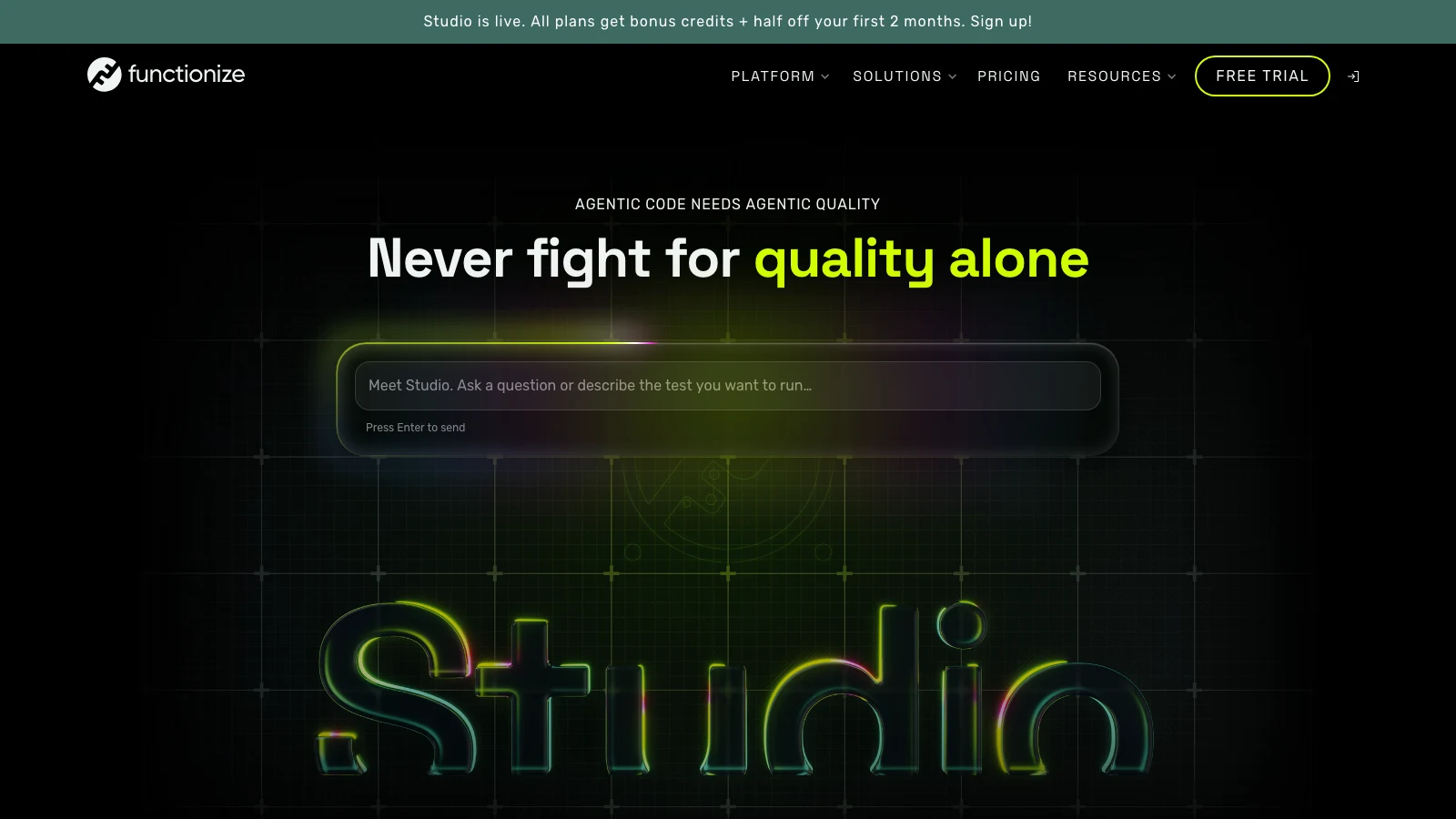 Functionize homepage with the eyebrow "AGENTIC CODE NEEDS AGENTIC QUALITY", the headline "Never fight for quality alone", a Studio prompt box reading "Meet Studio. Ask a question or describe the test you want to run", and a banner announcing Studio is live with bonus credits