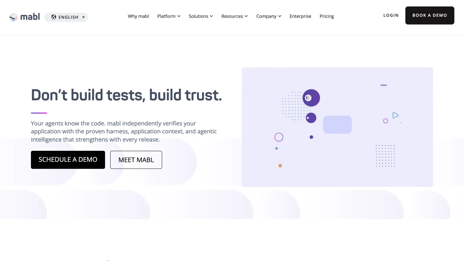 mabl homepage with the headline "Don't build tests, build trust" and abstract purple graphic elements