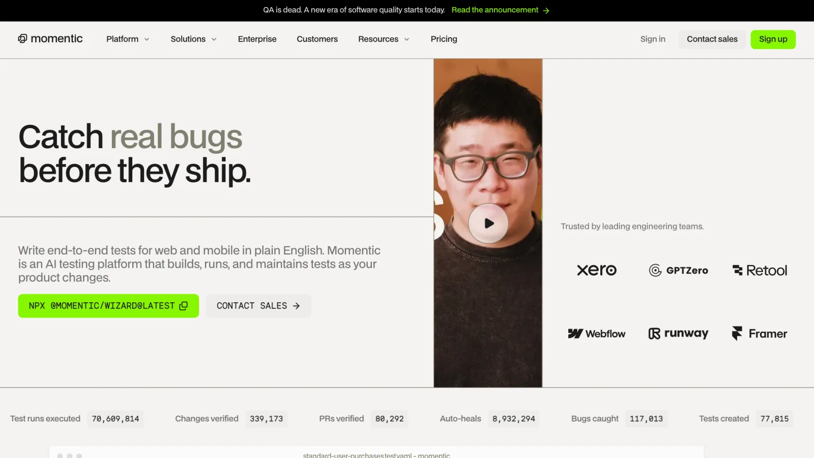 Momentic homepage with the headline "Catch real bugs before they ship" and a banner reading "QA is dead. A new era of software quality starts today."