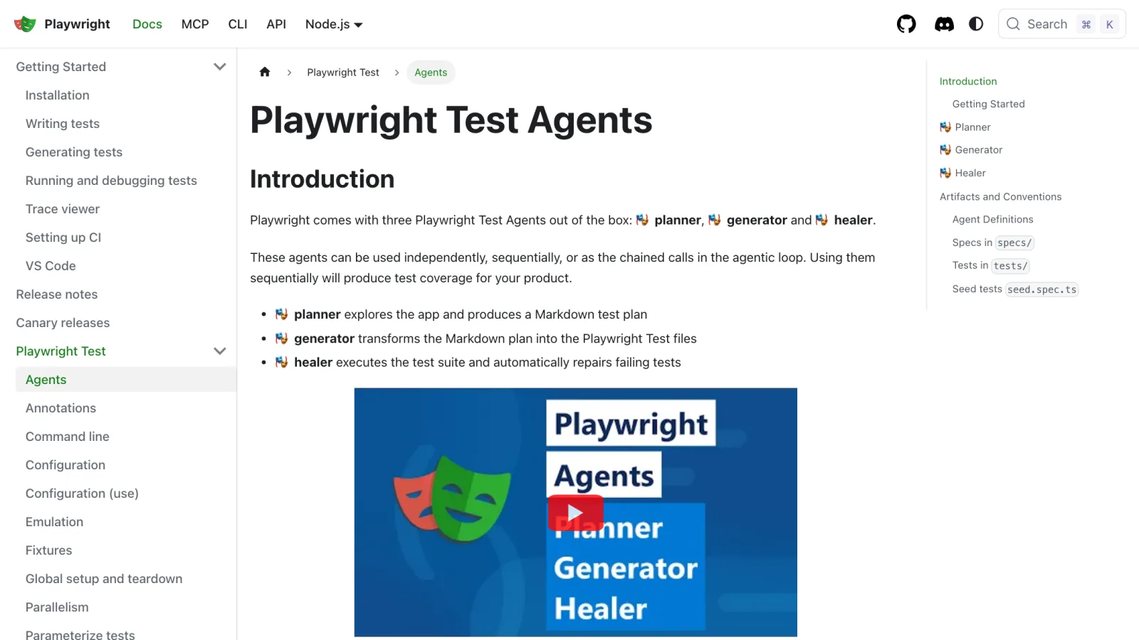 Playwright documentation page "Playwright Test Agents" listing the Planner, Generator, and Healer agents that ship with the framework