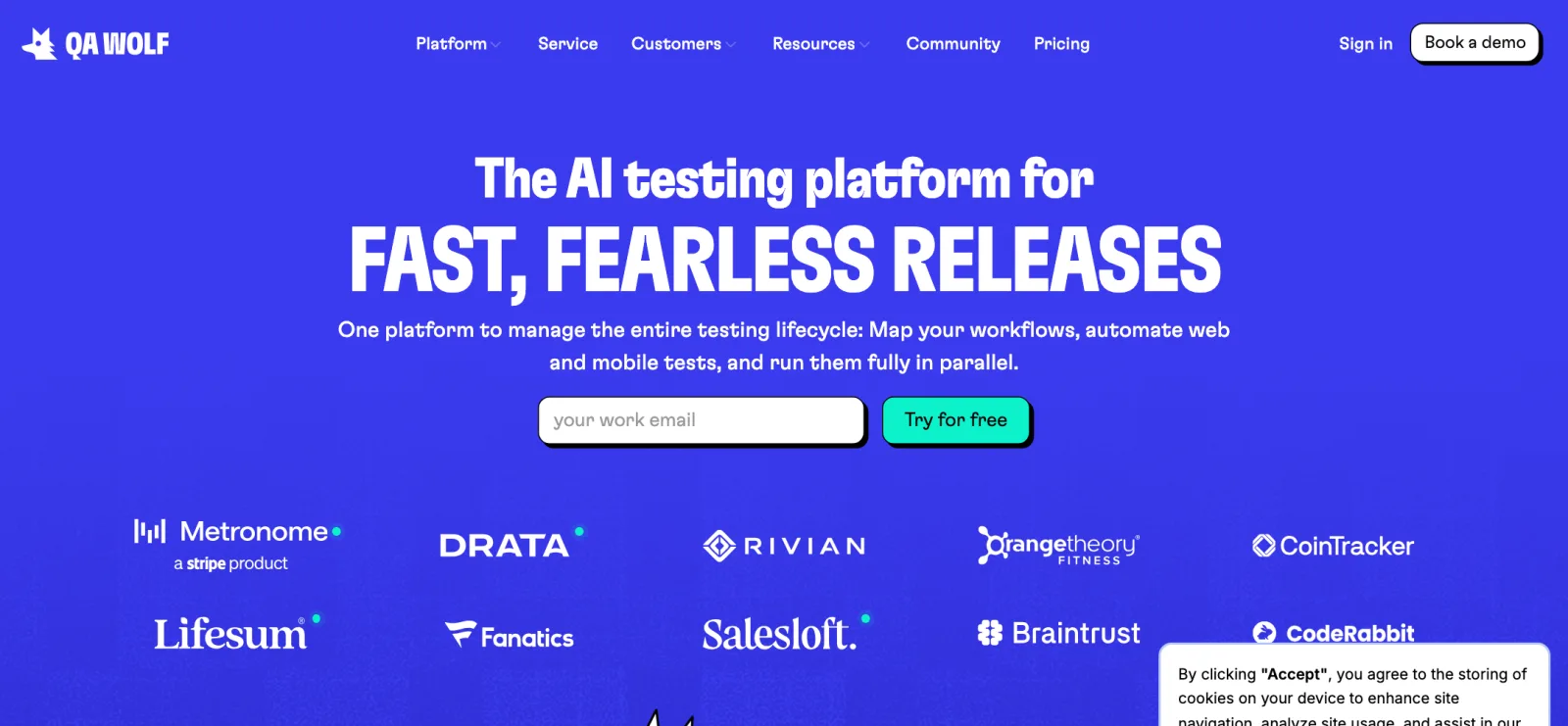 QA Wolf homepage reading "The AI testing platform for FAST, FEARLESS RELEASES" with customer logos including Rivian and Braintrust