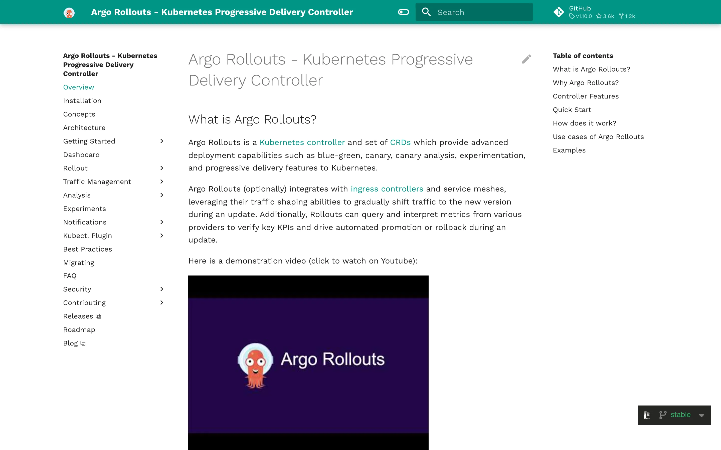 Argo Rollouts documentation homepage, with the header showing version v1.10.0 and 3.6k GitHub stars