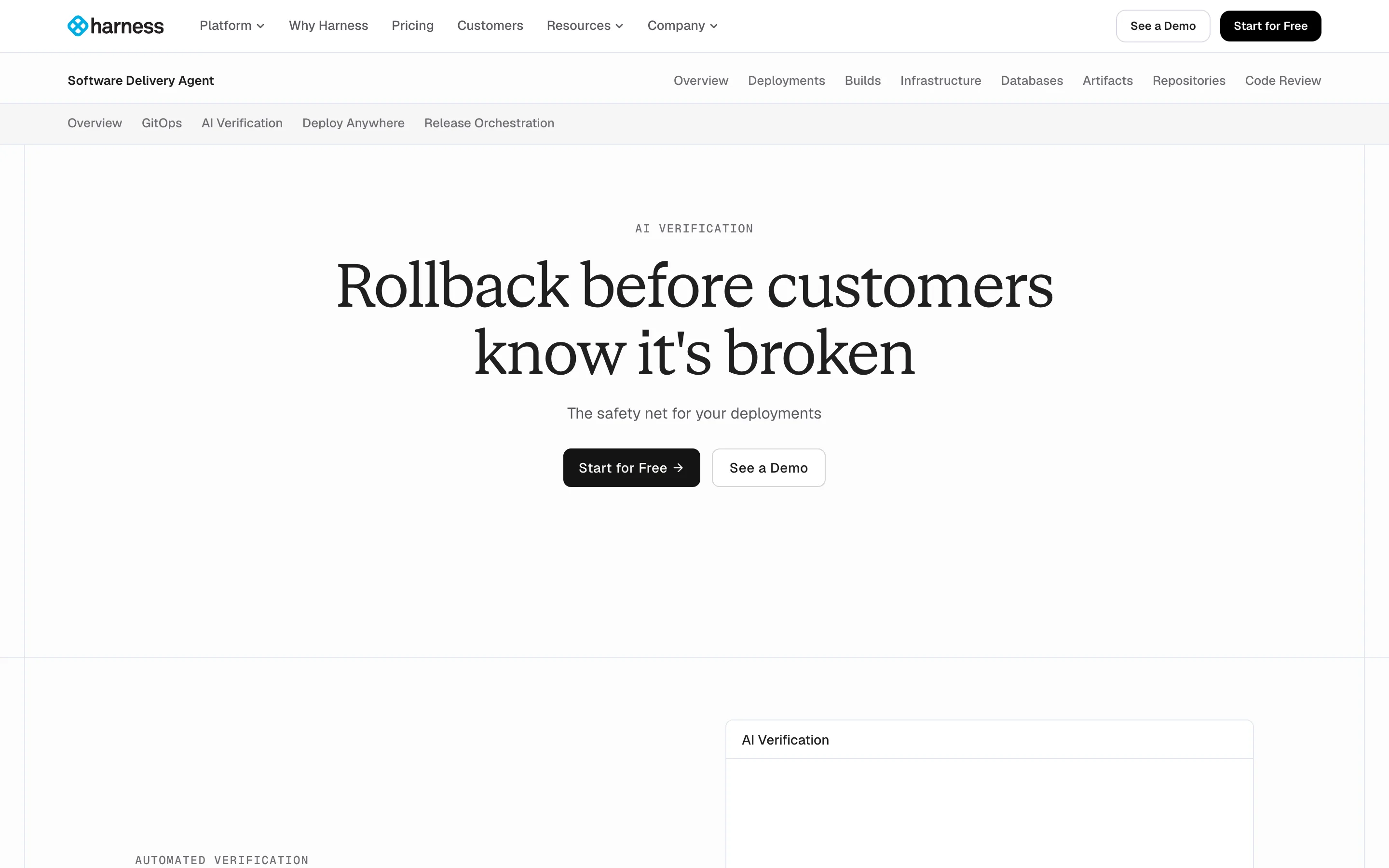 Harness AI Verification page headlined "Rollback before customers know it's broken"