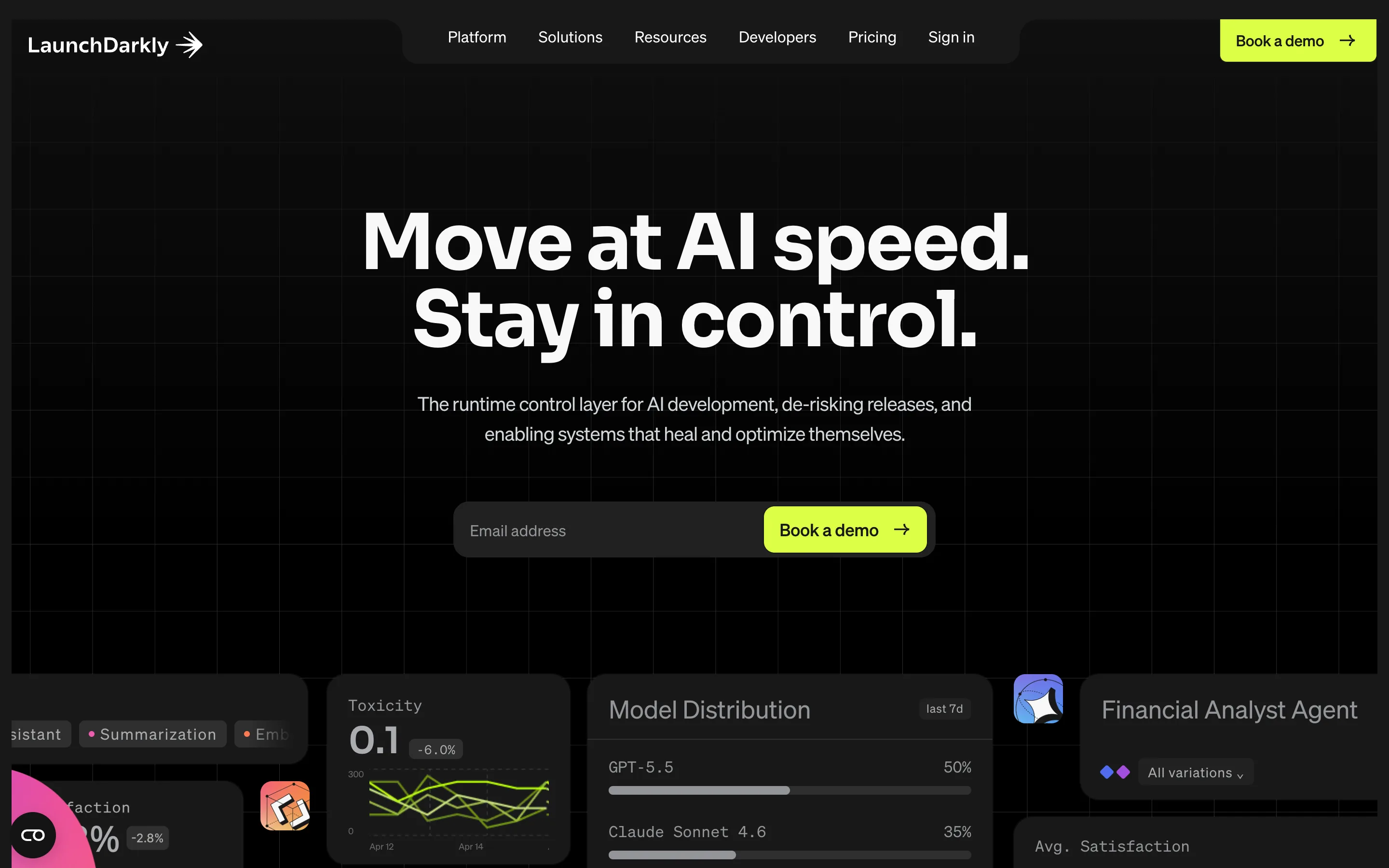 LaunchDarkly homepage headlined "Move at AI speed. Stay in control."