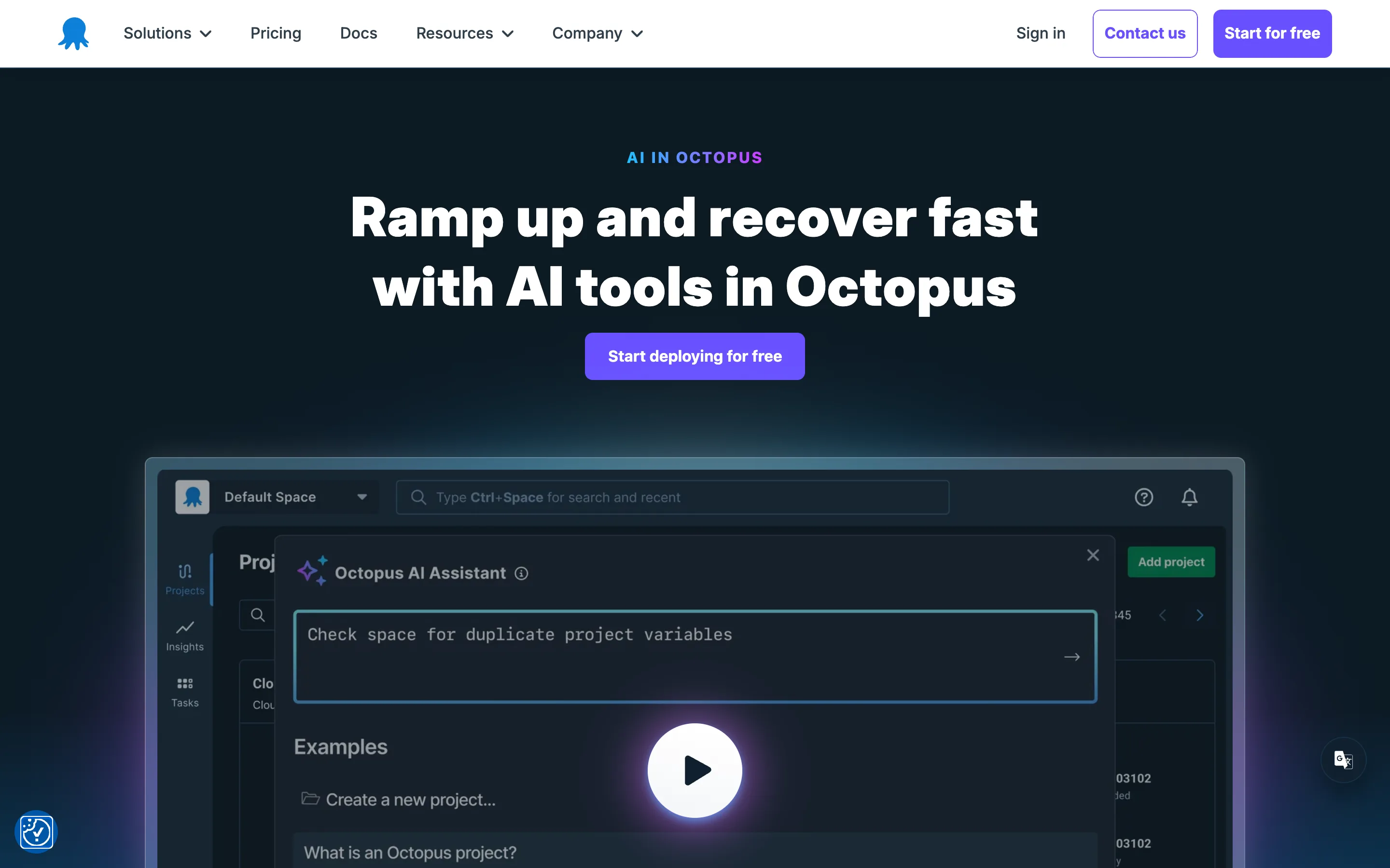 Octopus Deploy AI tools page showing the Octopus AI Assistant prompt dialog