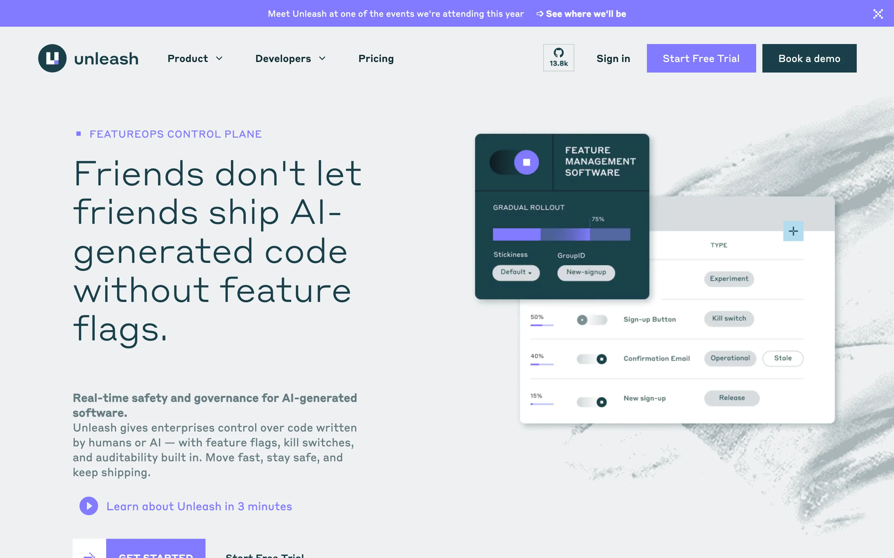 Unleash homepage headlined "Friends don't let friends ship AI-generated code without feature flags"