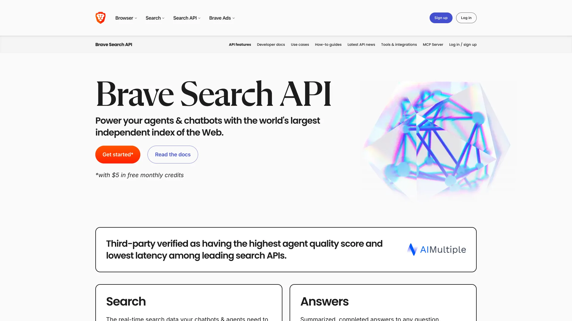 Brave Search API page reading "Power your agents & chatbots with the world's largest independent index of the Web" with a note about $5 in free monthly credits