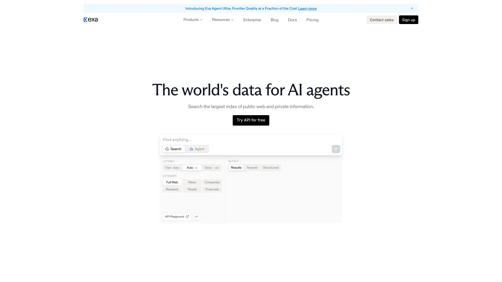 Exa homepage with the headline "The world's data for AI agents" above a search box offering Fast, Auto and Deep latency settings