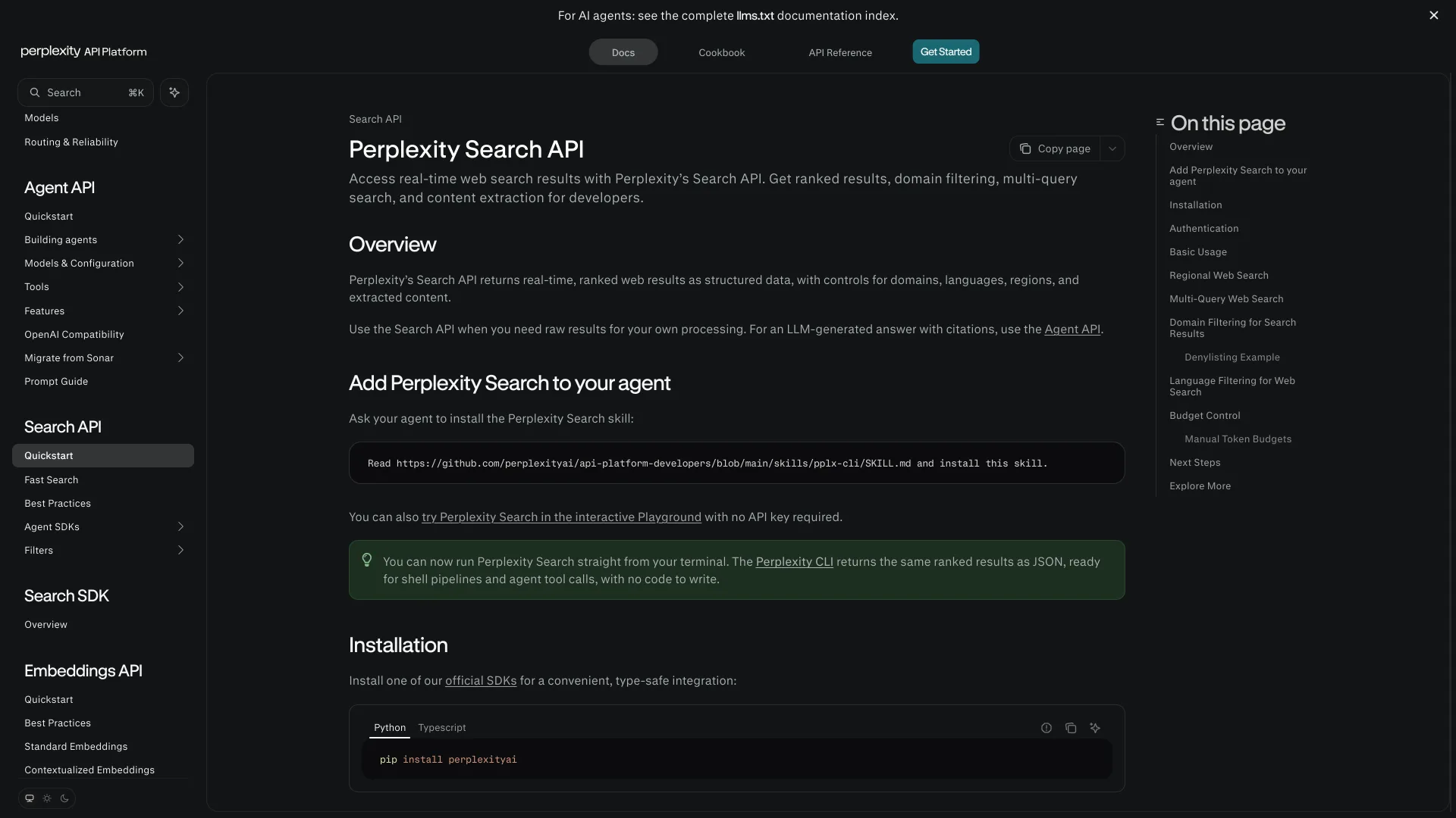Perplexity Search API quickstart docs explaining that the API returns ranked web results as structured data, with the Search API section open in the sidebar