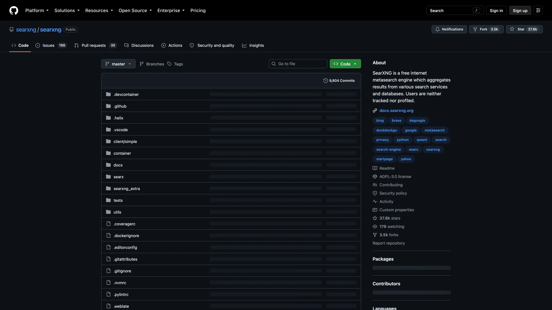 SearXNG GitHub repository page describing a free internet metasearch engine, with an AGPL-3.0 license and 37.8k stars in the sidebar