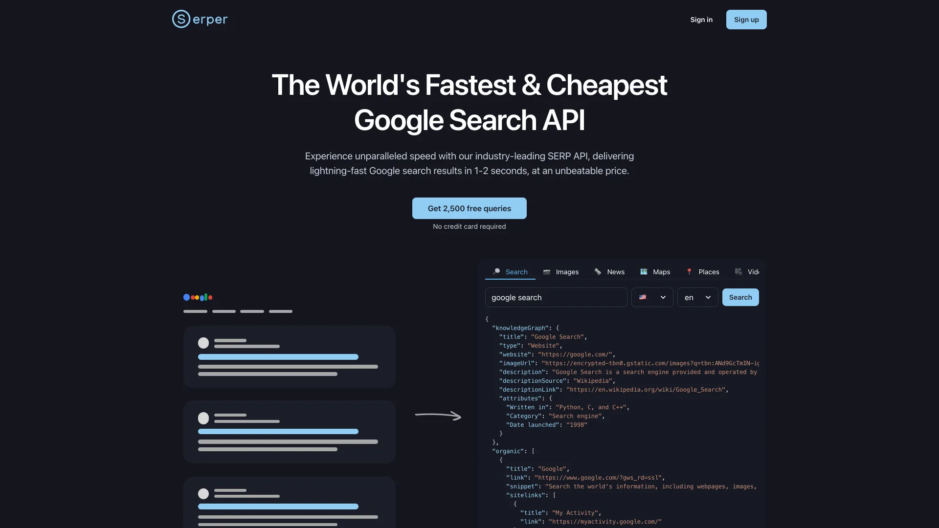 Serper homepage reading "The World's Fastest & Cheapest Google Search API" with a Get 2,500 free queries button and a sample JSON response