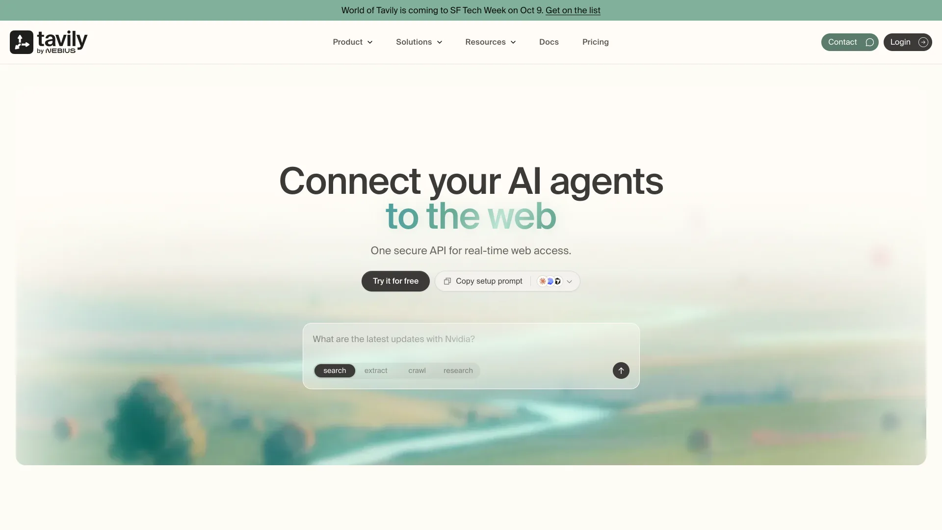 Tavily by Nebius homepage with the headline "Connect your AI agents to the web" above a search box with search, extract, crawl and research modes