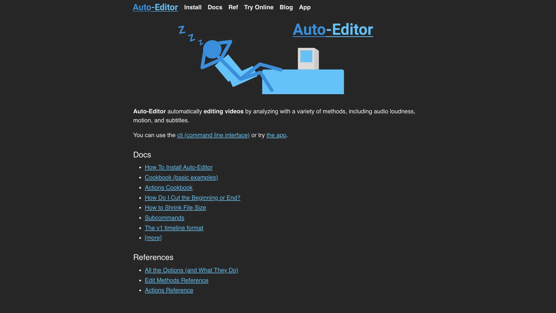 auto-editor homepage with an illustration of a figure relaxing at a desk and the line "Auto-Editor automatically editing videos by analyzing with a variety of methods, including audio loudness, motion, and subtitles"