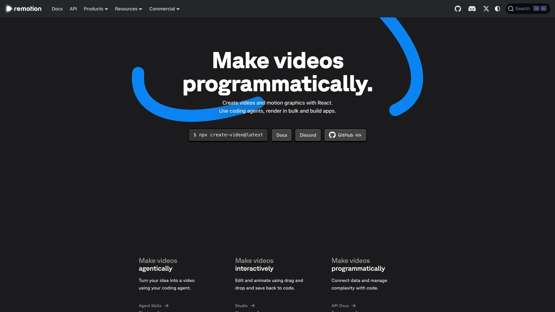 Remotion homepage headlined "Make videos programmatically," with the command npx create-video@latest and links to Docs, Discord and GitHub