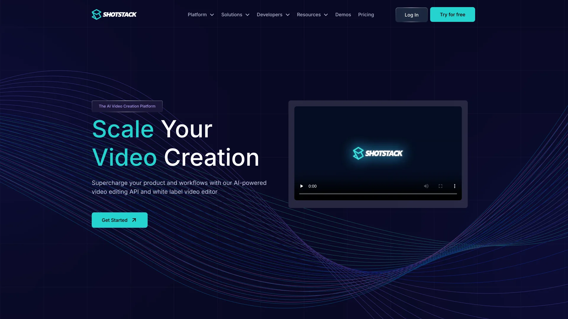 Shotstack homepage headlined "Scale Your Video Creation," describing an AI-powered video editing API and white label video editor, with Get Started and Try for free buttons