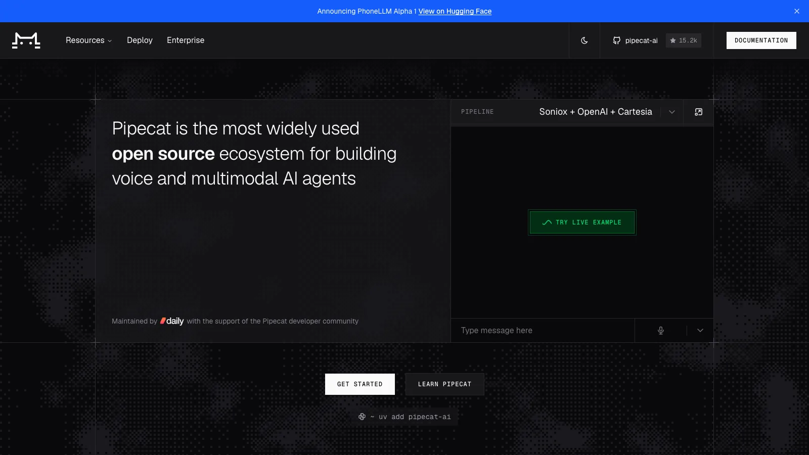 Pipecat homepage describing it as the most widely used open source ecosystem for building voice and multimodal AI agents, maintained by Daily, with a live example pipeline of Soniox plus OpenAI plus Cartesia and the GitHub badge showing 15.2k stars