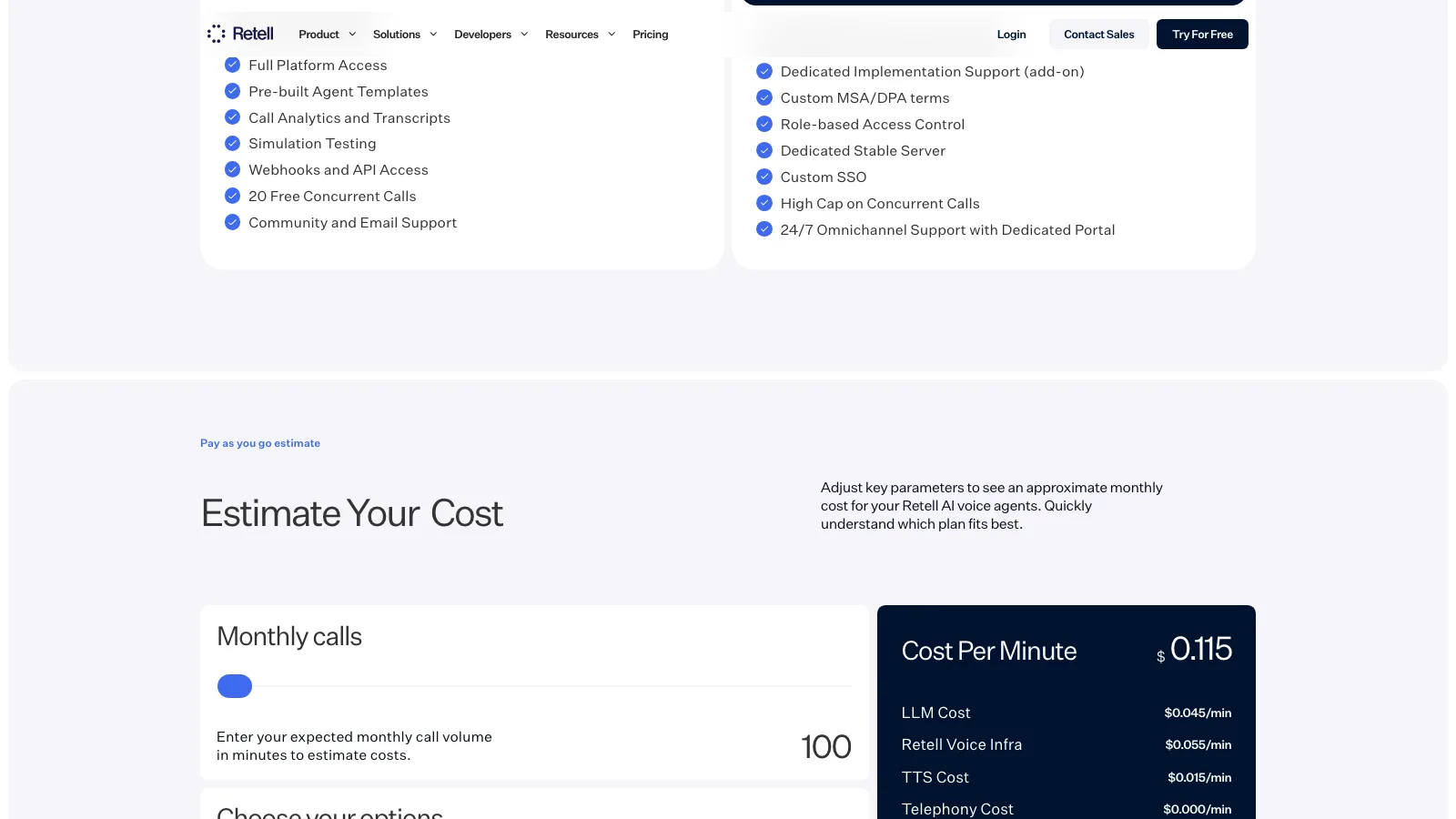 Retell AI pricing page cost estimator showing a cost per minute of $0.115 broken into LLM cost $0.045 per minute, Retell voice infra $0.055 per minute, TTS cost $0.015 per minute and telephony cost $0.000 per minute, above a plan feature list with 20 free concurrent calls