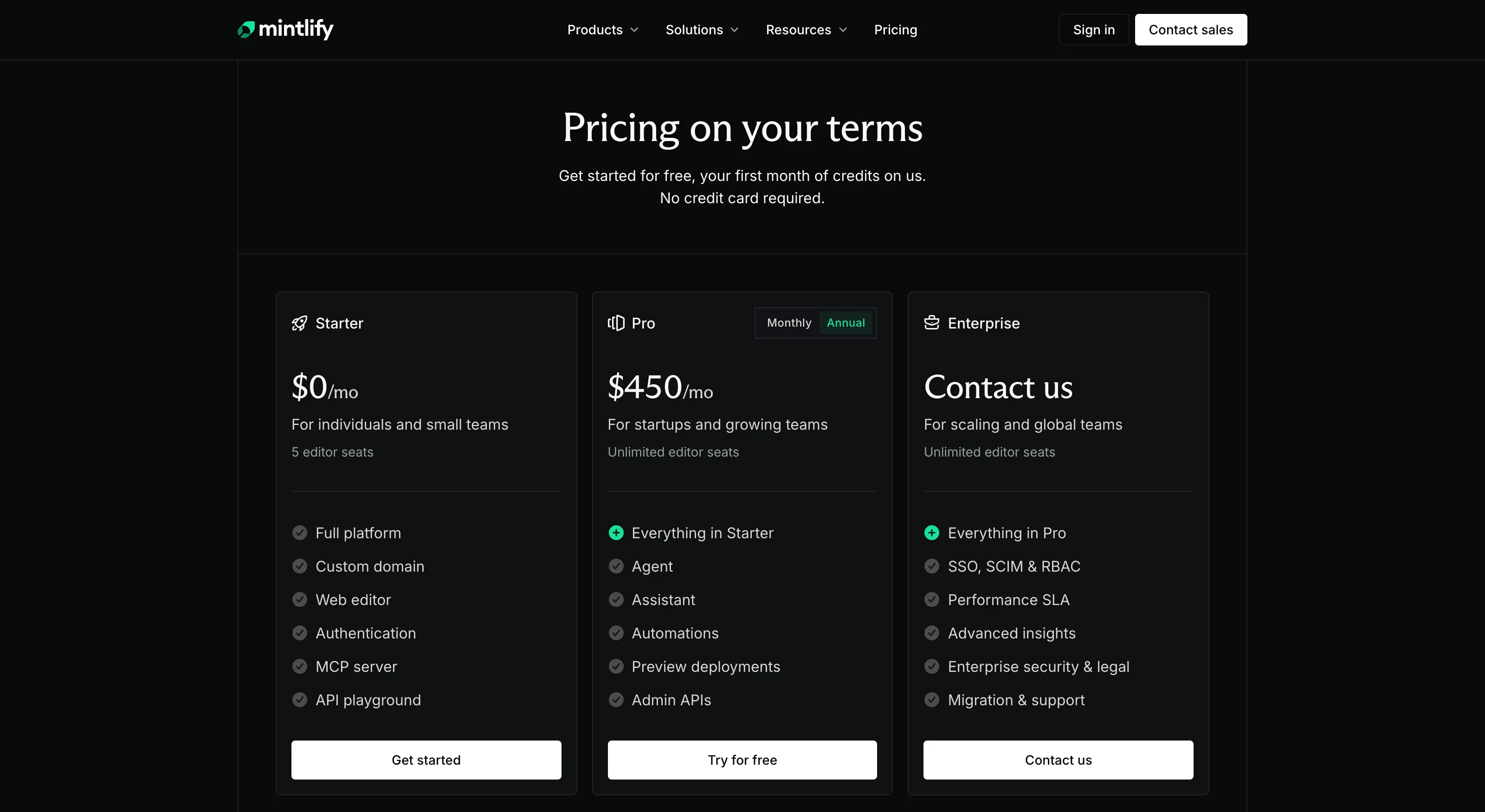 Mintlify's three pricing cards: Starter at $0 with 5 seats and a custom domain, Pro at $450 with unlimited seats, and Enterprise at "Contact us" with SSO and RBAC, none listing a white-labeling feature