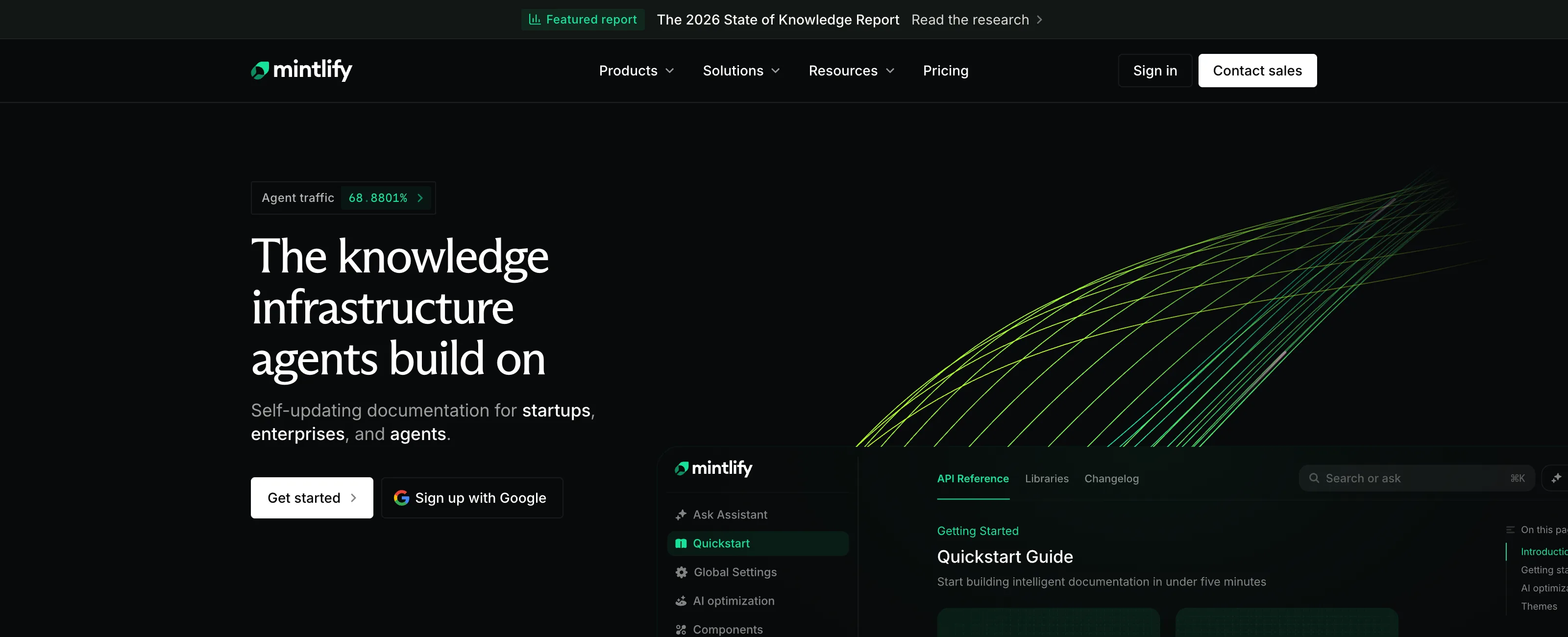 Mintlify homepage headed "The knowledge infrastructure agents build on" with an Agent traffic badge reading 68.7381 percent, next to a docs sidebar showing API Reference, Libraries and Changelog tabs