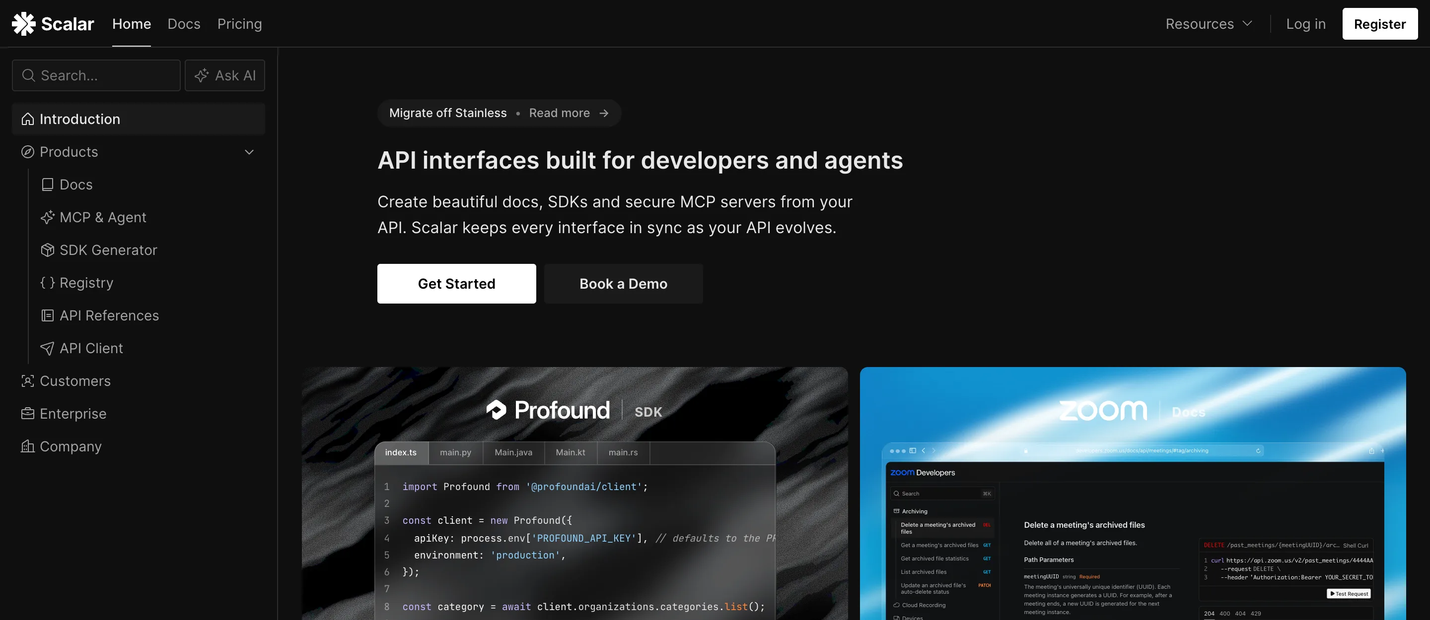 Scalar homepage headed "API interfaces built for developers and agents," with a dark sidebar and example doc cards for Profound, Zoom, Clerk and Warp built on the platform