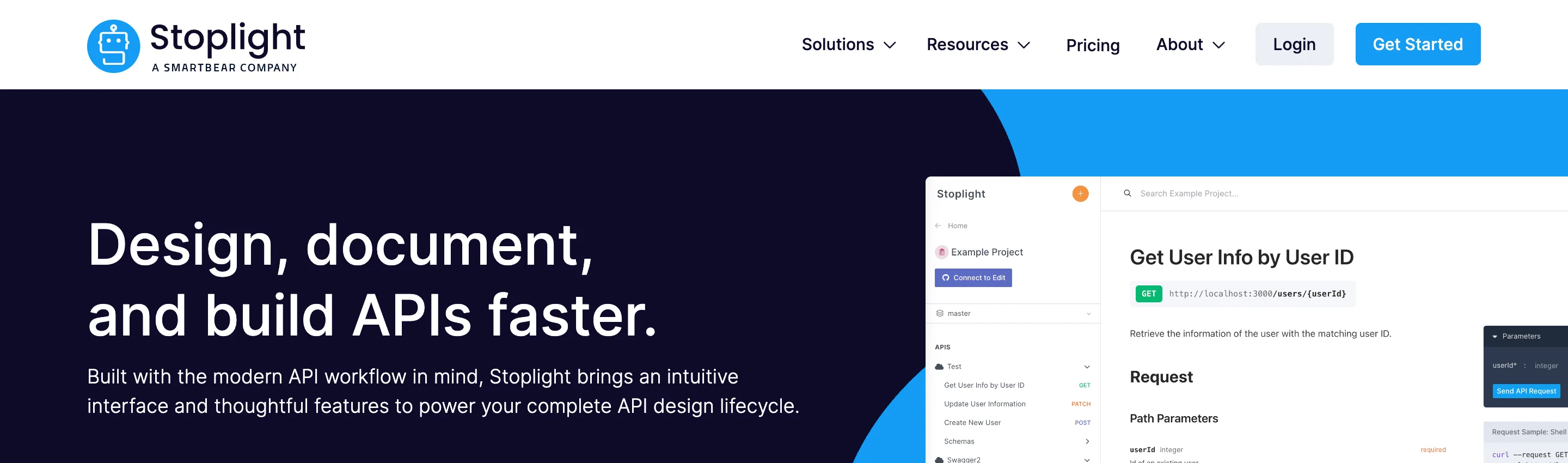 Stoplight homepage headed "Design, document, and build APIs faster," showing an interactive endpoint panel for a "Get User Info by User ID" GET request with request and response tabs