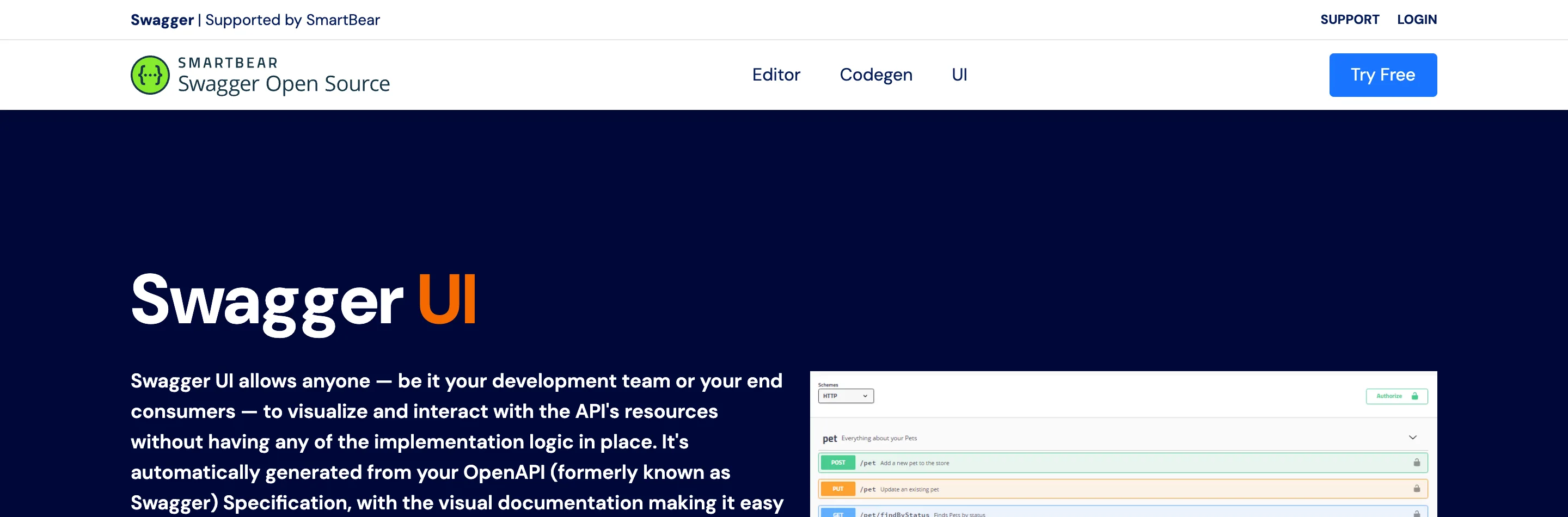 Swagger homepage headed "Swagger UI" describing it as automatically generated from an OpenAPI specification, next to a live Pet Store API panel showing POST, PUT, GET and DELETE endpoints