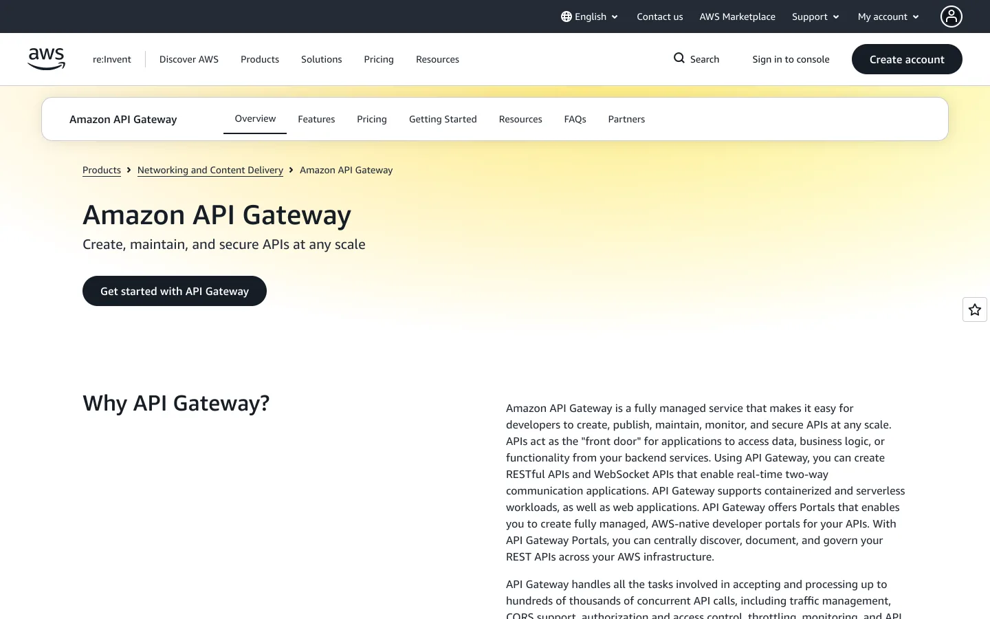 Amazon API Gateway product page headlined "Create, maintain, and secure APIs at any scale"