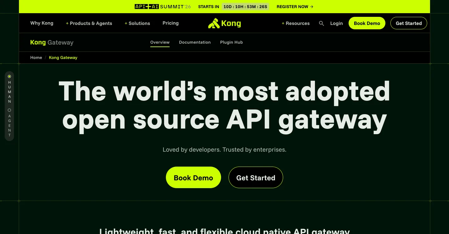 Kong Gateway product page headlined "The world's most adopted open source API gateway"