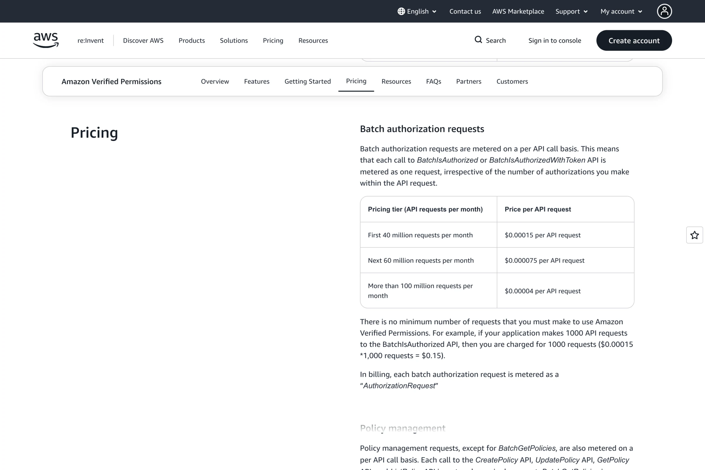 Amazon Verified Permissions pricing page showing the batch authorization tiers: $0.00015 per API request for the first 40 million per month, $0.000075 for the next 60 million, and $0.00004 beyond 100 million