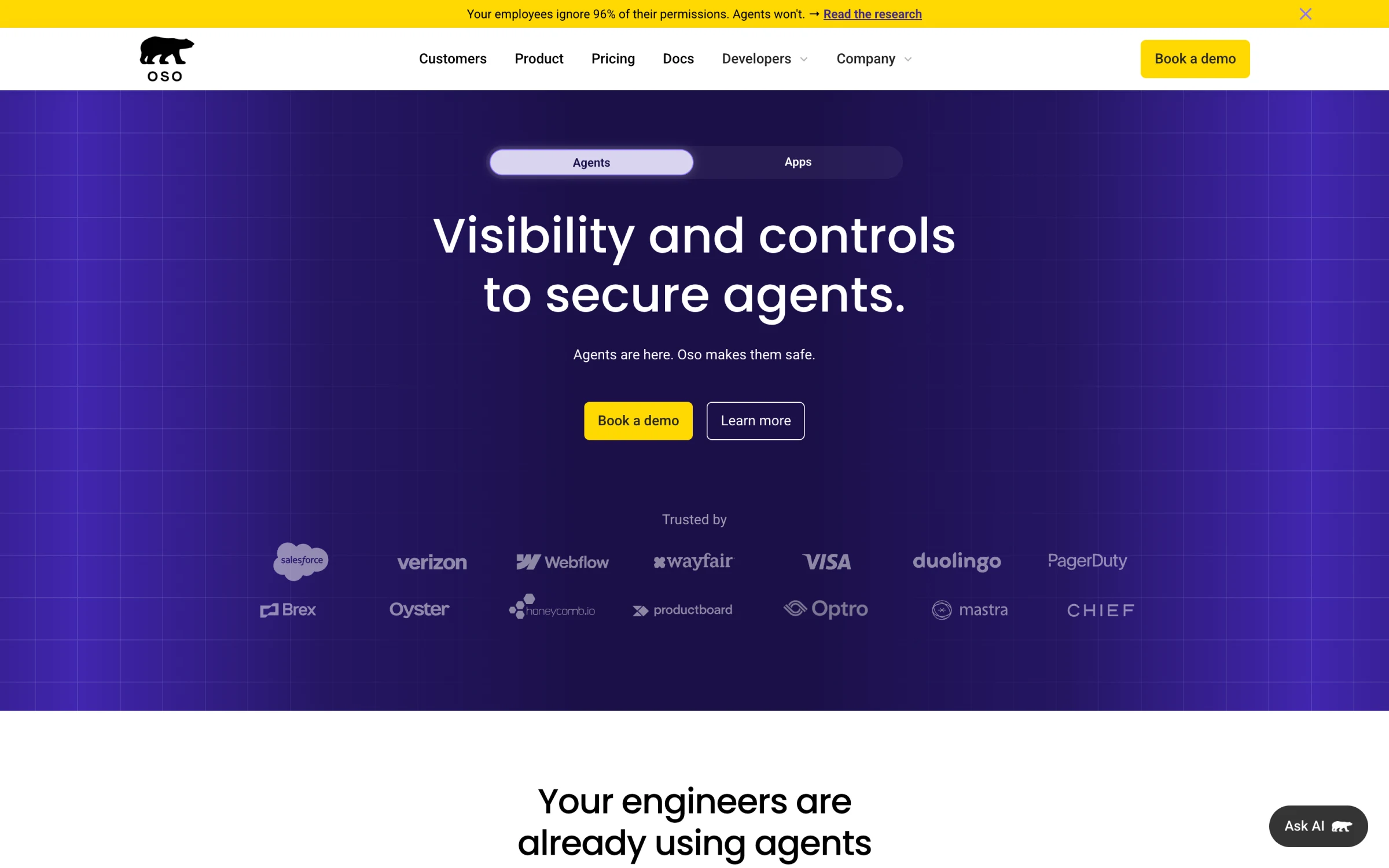 Oso homepage headlined "Visibility and controls to secure agents." with the line "Agents are here. Oso makes them safe." beneath it and a banner reading "Your employees ignore 96% of their permissions. Agents won't."