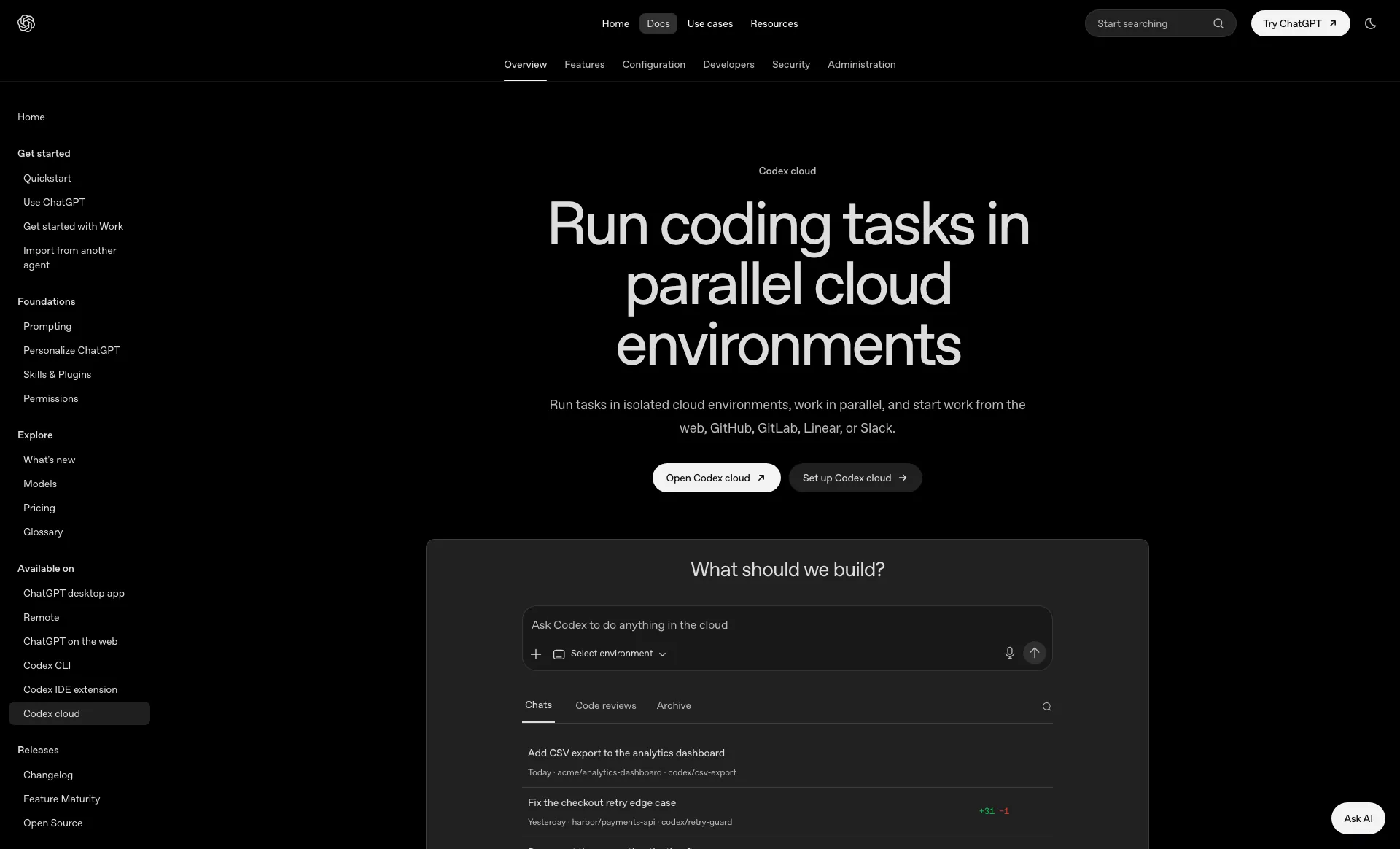 The Codex cloud documentation page describing parallel cloud environments for coding tasks