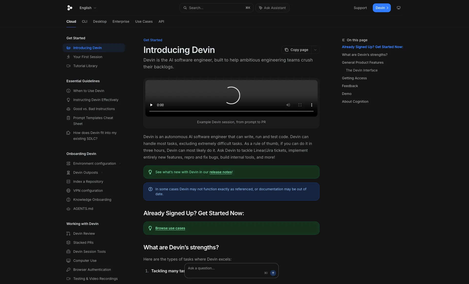 The Devin documentation site explaining how a Devin session runs from prompt to pull request