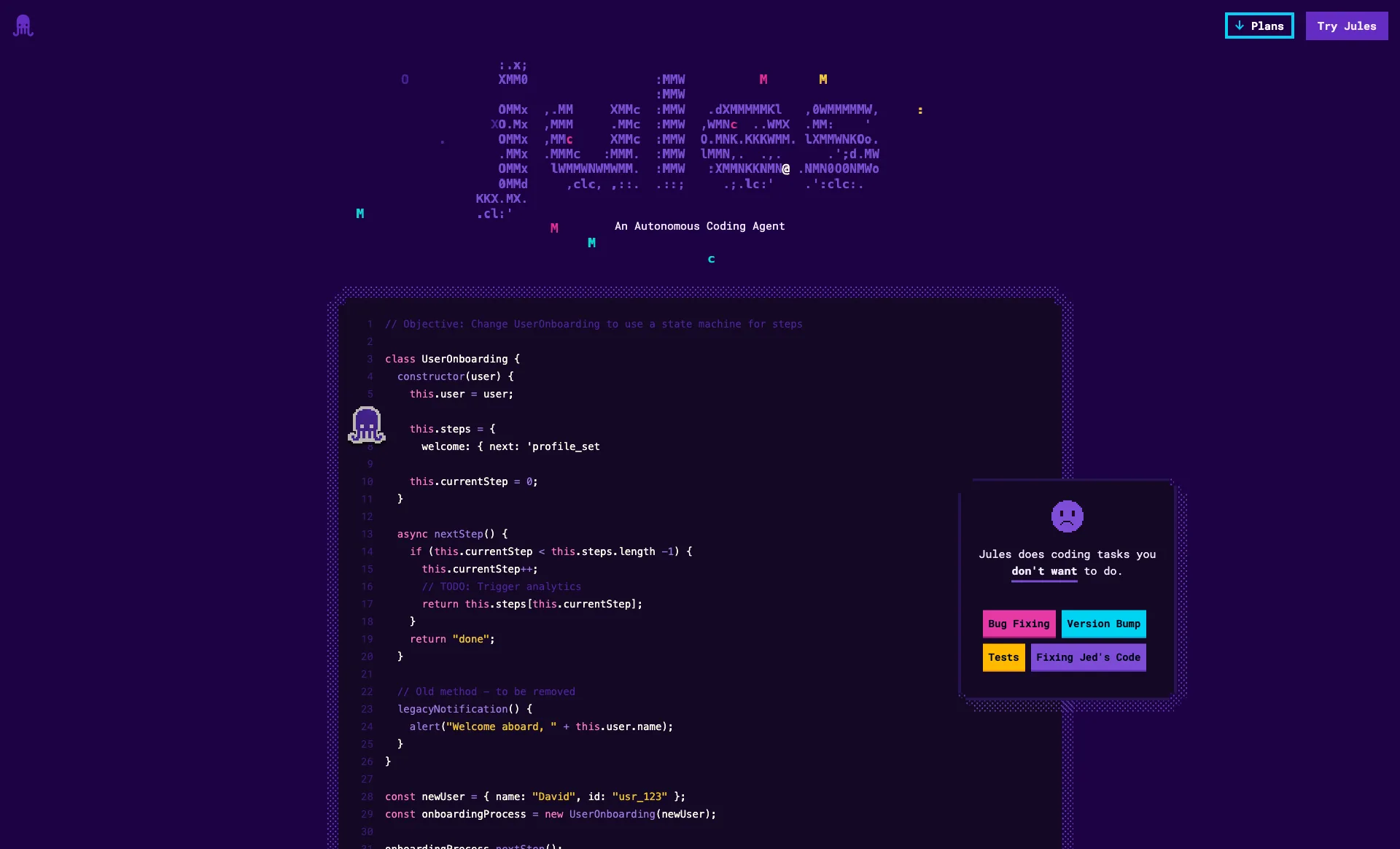 The Jules homepage showing Google's autonomous coding agent and an example refactoring task
