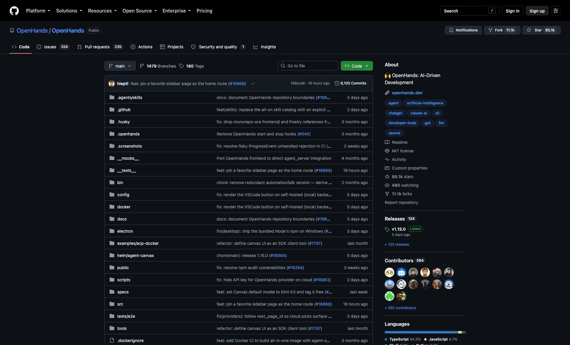 The OpenHands repository on GitHub, an MIT-licensed self-hosted control center for coding agents