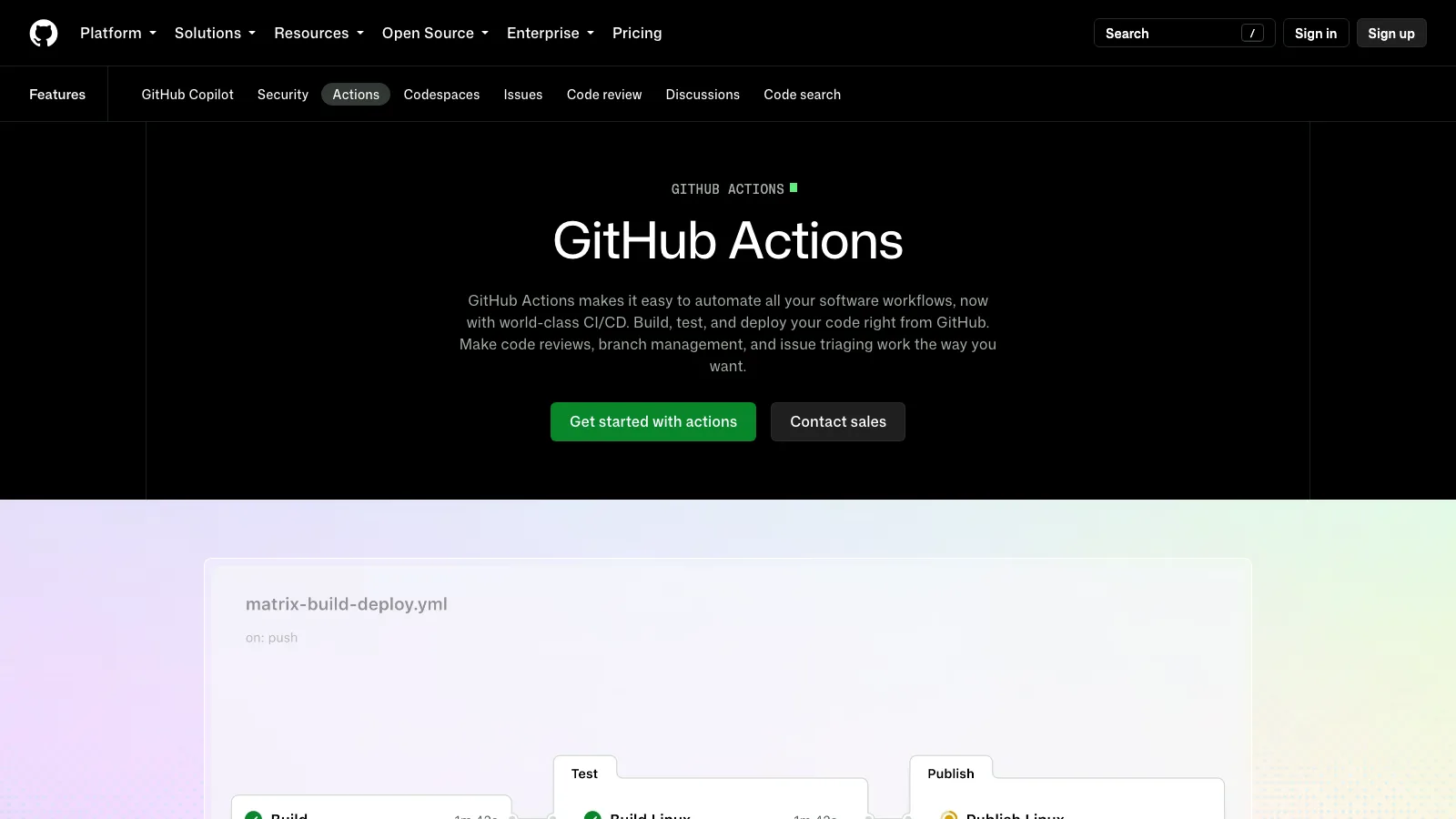 GitHub Actions product page with the headline "GitHub Actions" and a matrix-build-deploy.yml workflow visualization showing Build, Test and Publish stages