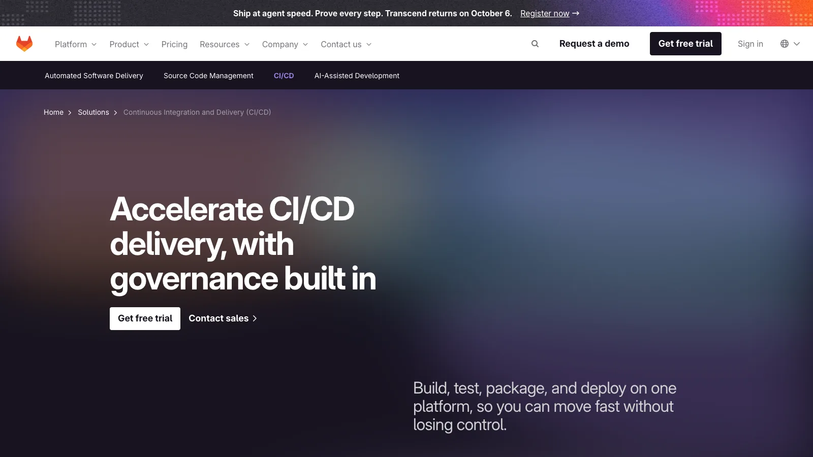 GitLab CI/CD solution page with the headline "Accelerate CI/CD delivery, with governance built in"