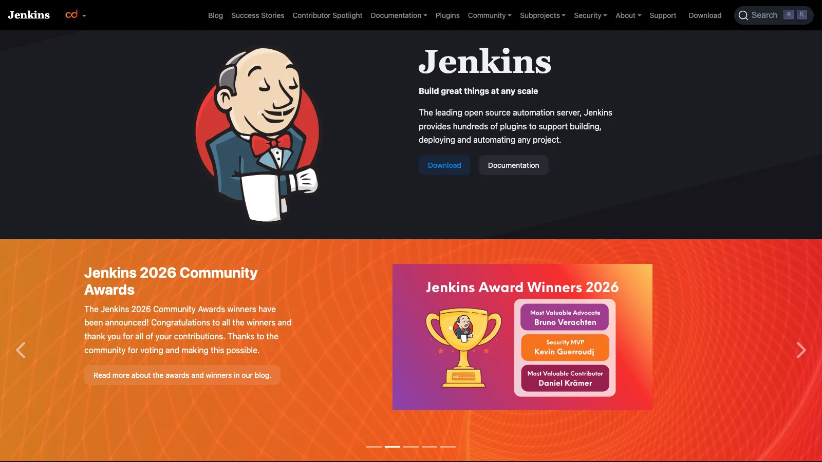Jenkins homepage with the butler mascot and the tagline "Build great things at any scale"