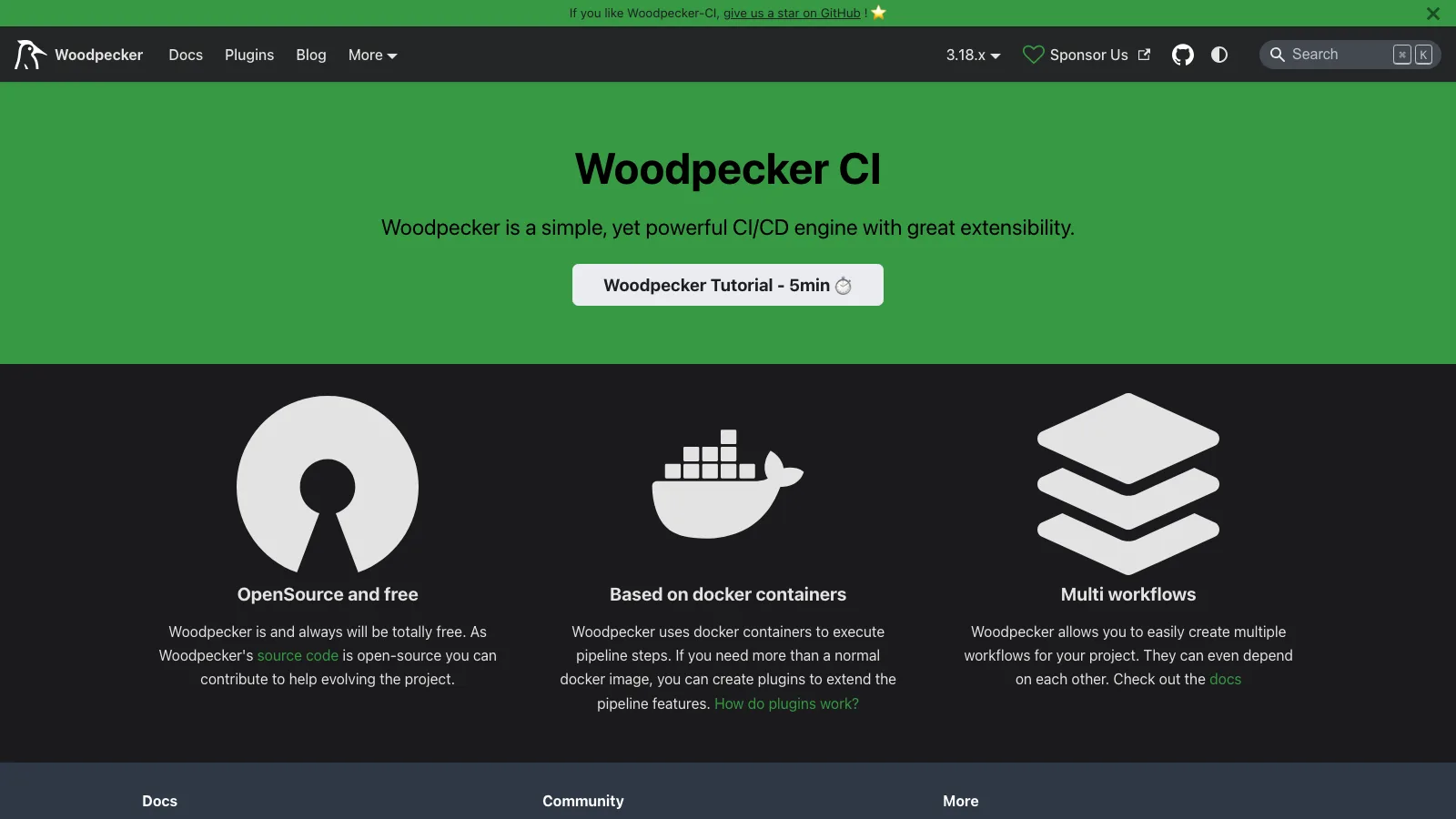 Woodpecker CI homepage describing it as "a simple, yet powerful CI/CD engine with great extensibility" with OpenSource, Docker and multi-workflow feature cards