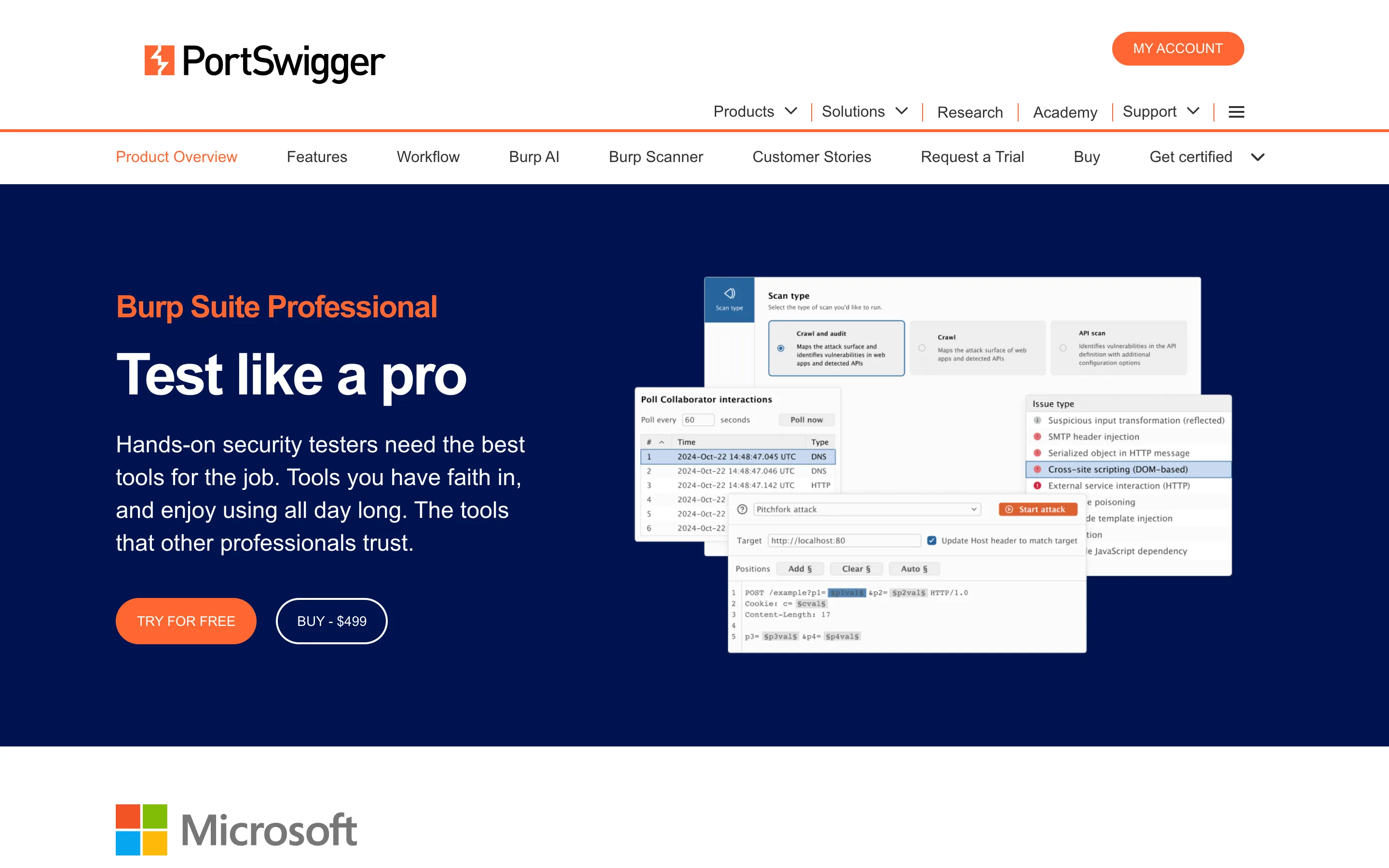 The Burp Suite Professional product page headed "Test like a pro", with a "TRY FOR FREE" button and a "BUY - $499" button, above a Microsoft logo.