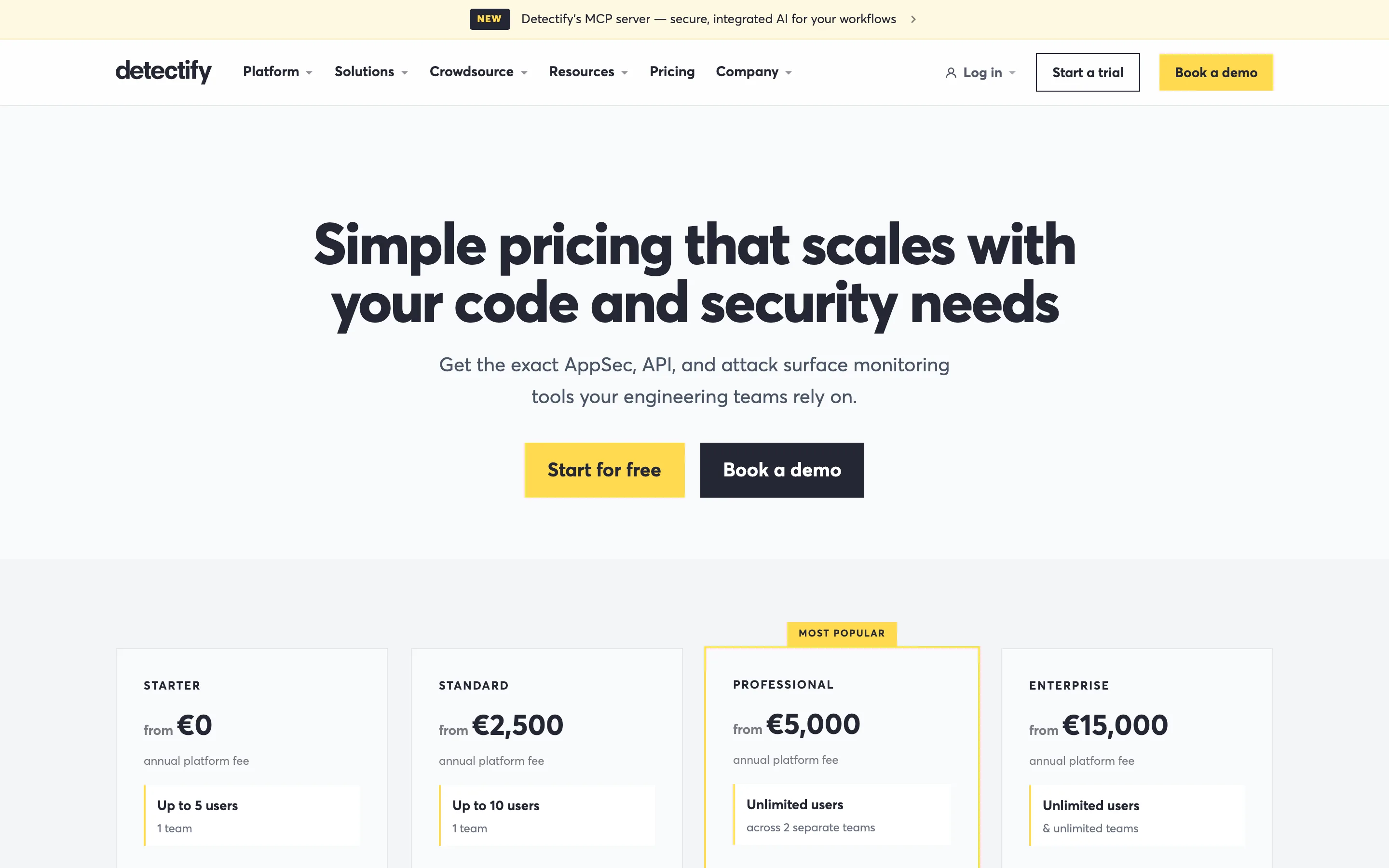 The Detectify pricing page headed "Simple pricing that scales with your code and security needs", showing four tiers: Starter from €0, Standard from €2,500, Professional from €5,000 and Enterprise from €15,000, each described as an annual platform fee.