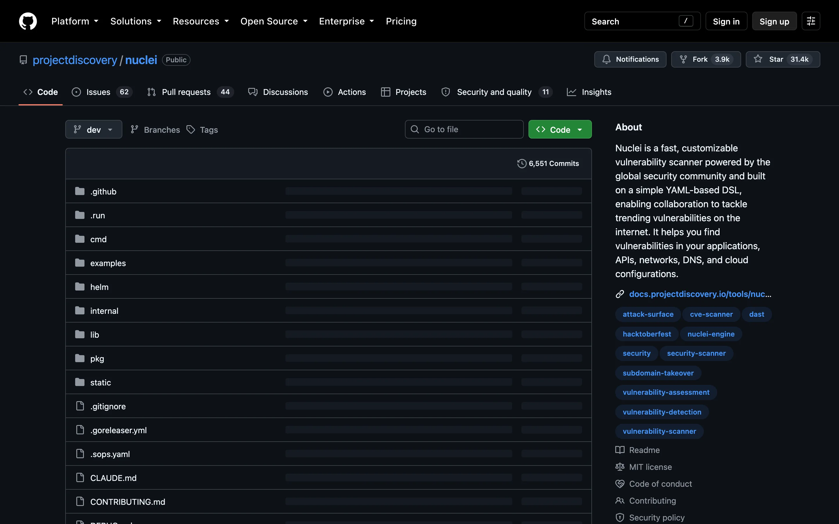 The projectdiscovery/nuclei repository on GitHub showing 31.4k stars, 3.9k forks, an MIT license, and topic tags including dast, cve-scanner and vulnerability-scanner.