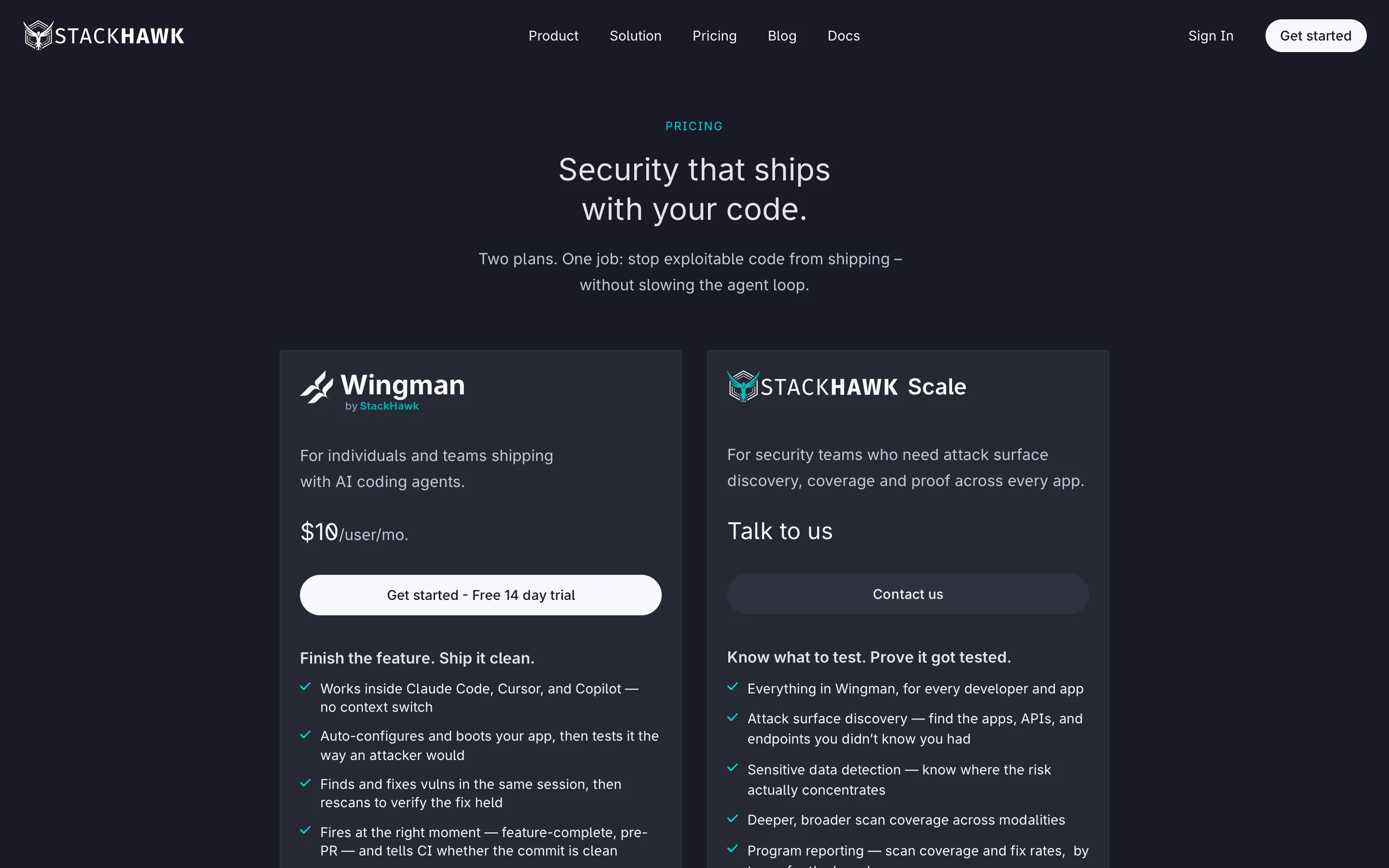 The StackHawk pricing page on a dark background, headed "Security that ships with your code." showing two plans: Wingman by StackHawk at $10/user/mo. with a "Get started - Free 14 day trial" button, and StackHawk Scale priced "Talk to us" with a "Contact us" button.