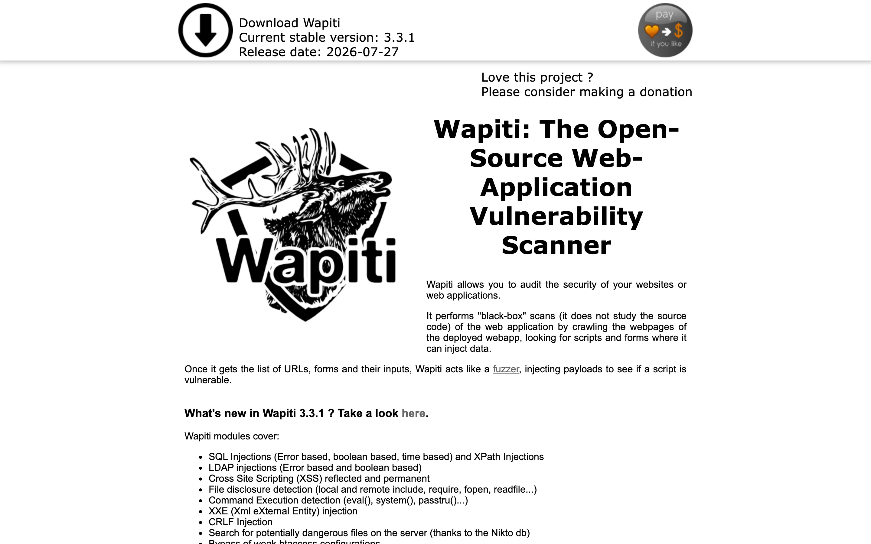 The Wapiti project homepage, headed "Wapiti: The Open-Source Web-Application Vulnerability Scanner", listing modules for SQL injection, LDAP injection, XSS, file disclosure, command execution, XXE and CRLF injection.