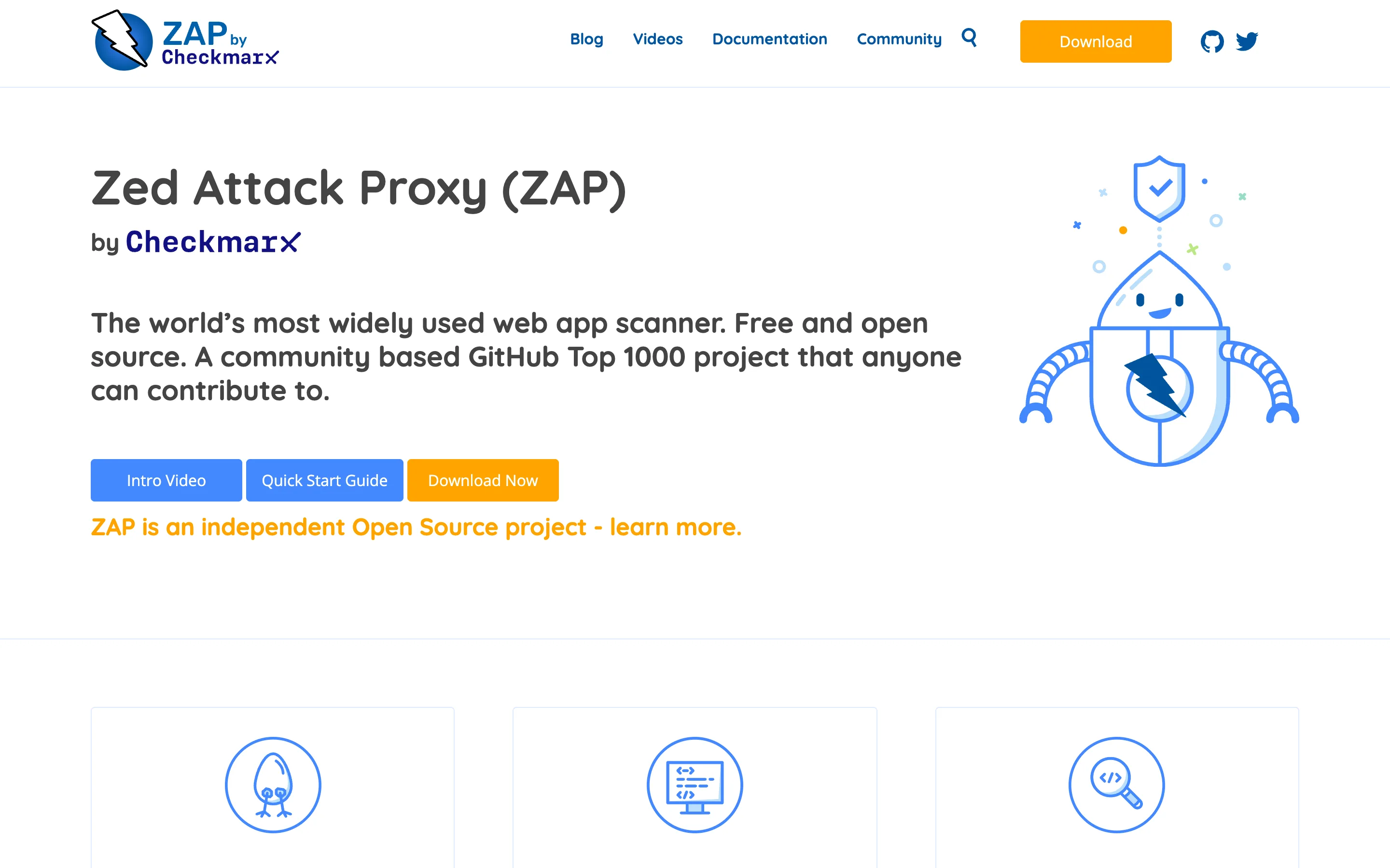 The ZAP project homepage, headed "Zed Attack Proxy (ZAP)" with a "by Checkmarx" logo beneath it, describing ZAP as "The world's most widely used web app scanner. Free and open source." and linking to a note that ZAP is an independent open source project.