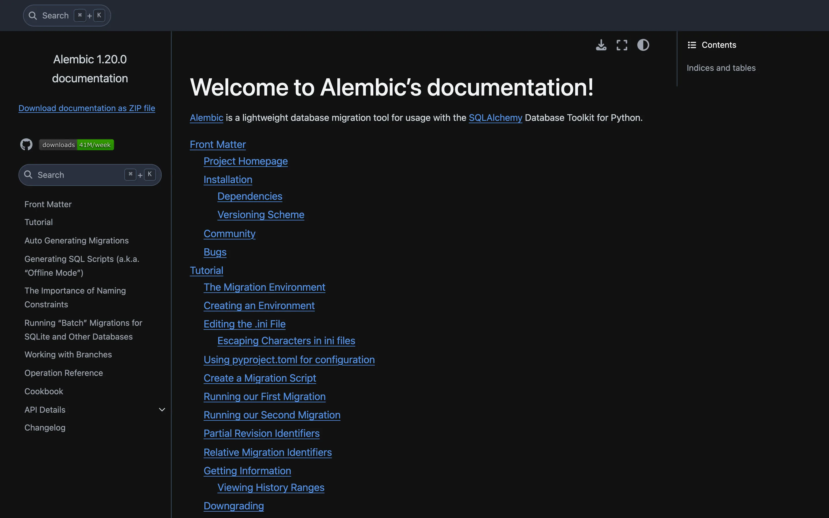 Alembic documentation homepage describing it as "a lightweight database migration tool for usage with the SQLAlchemy Database Toolkit for Python", with a downloads badge reading 41M/week