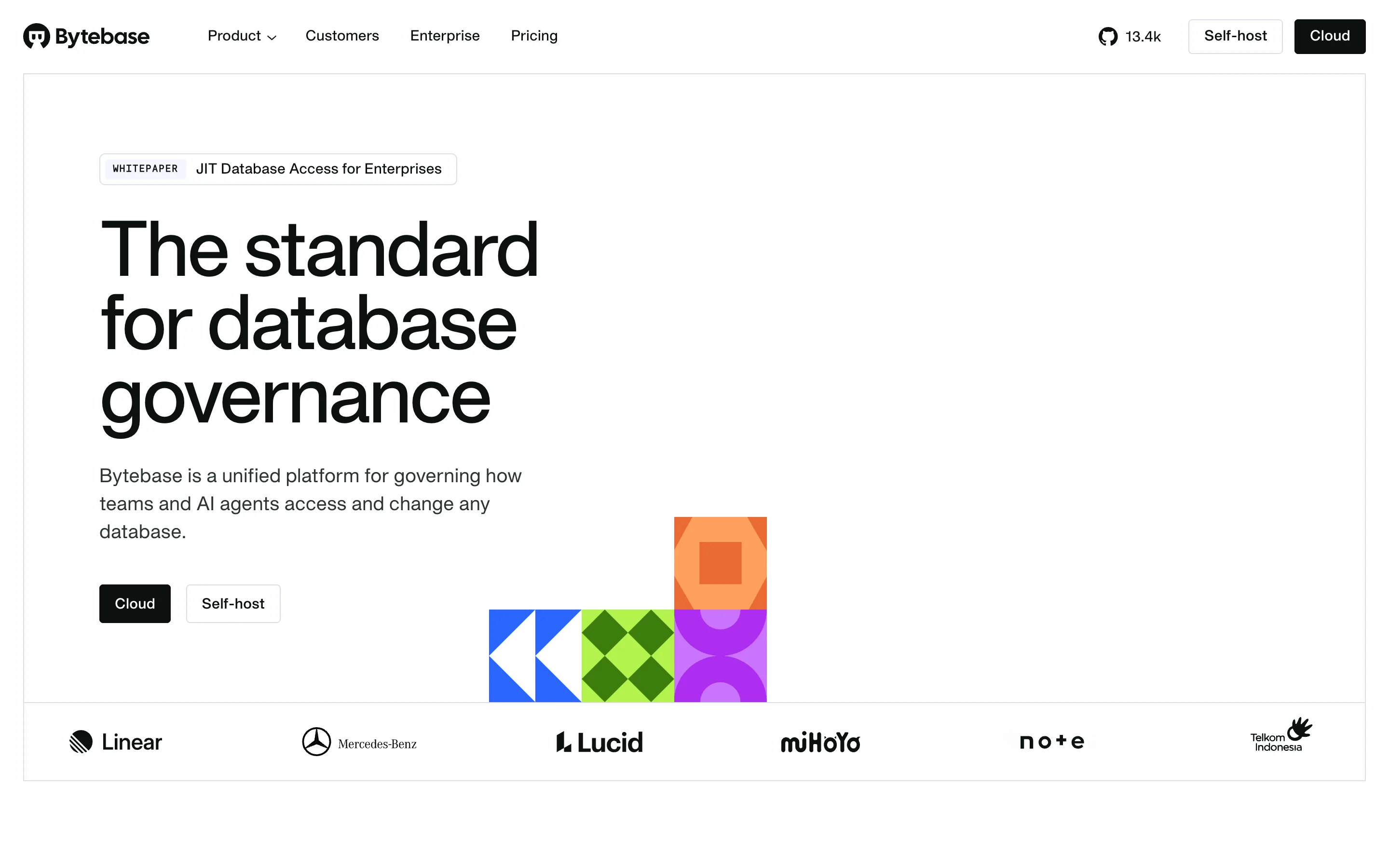 Bytebase homepage headed "The standard for database governance" with customer logos including Linear, Mercedes-Benz and Lucid