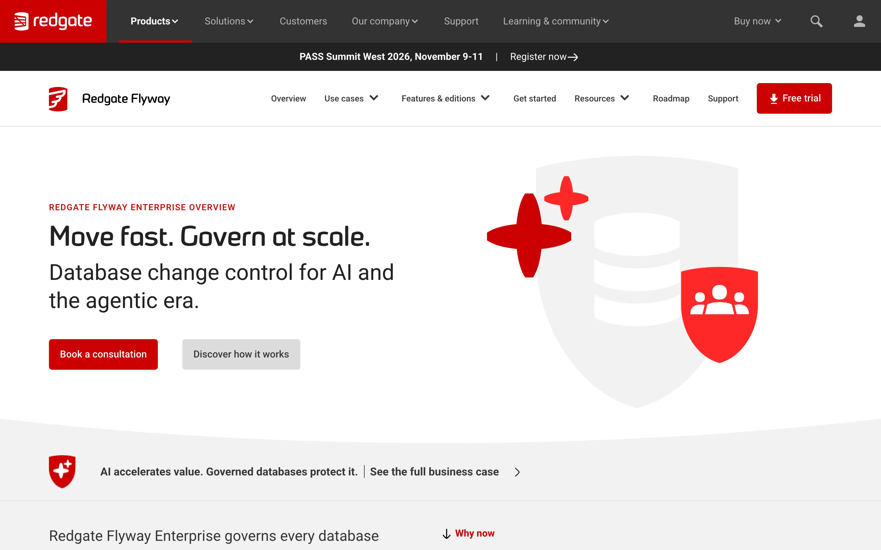 Redgate Flyway product page with the headline "Move fast. Govern at scale." and the subheading "Database change control for AI and the agentic era"