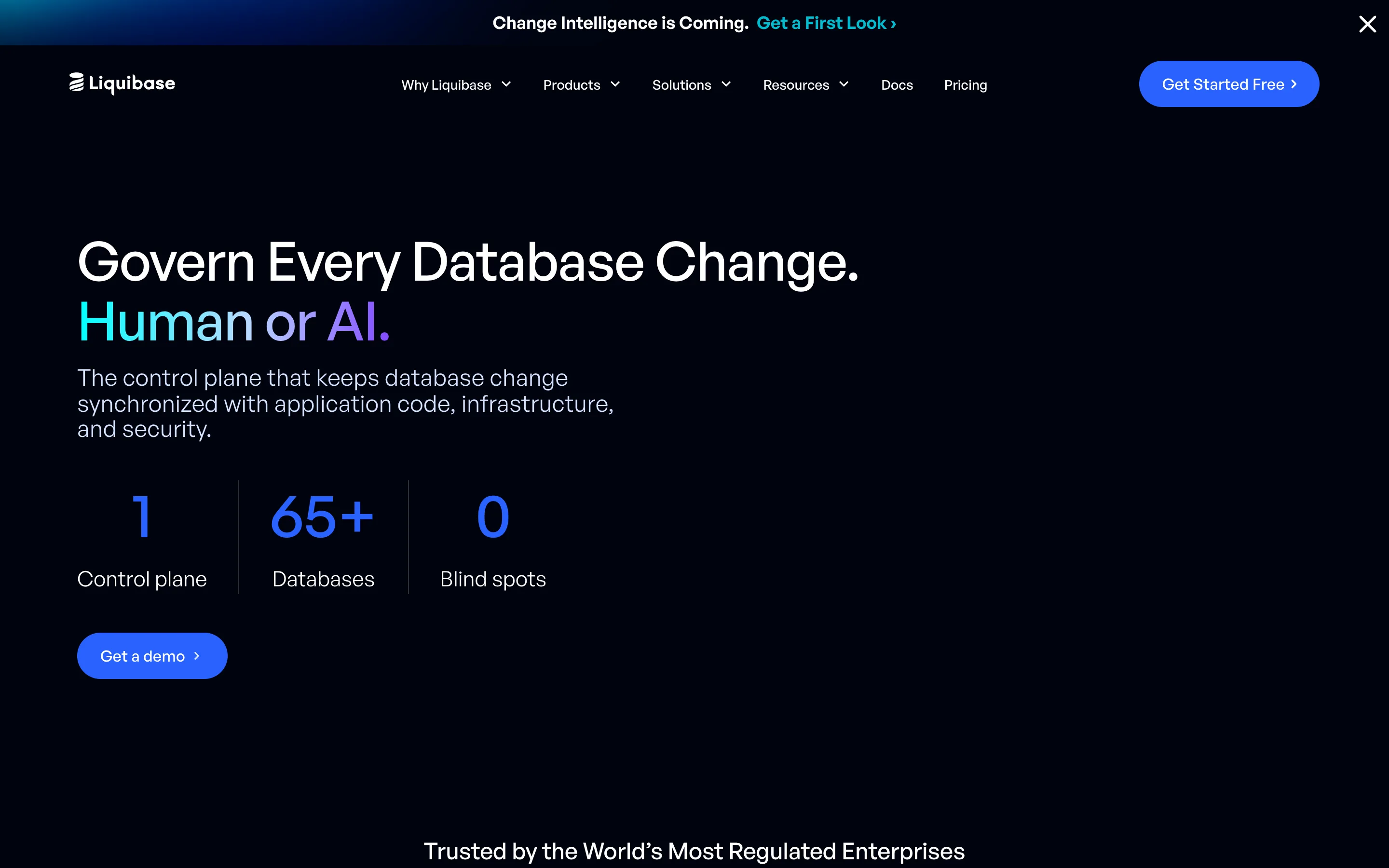 Liquibase homepage with the headline "Govern Every Database Change. Human or AI." and counters reading 1 Control plane, 65+ Databases, 0 Blind spots